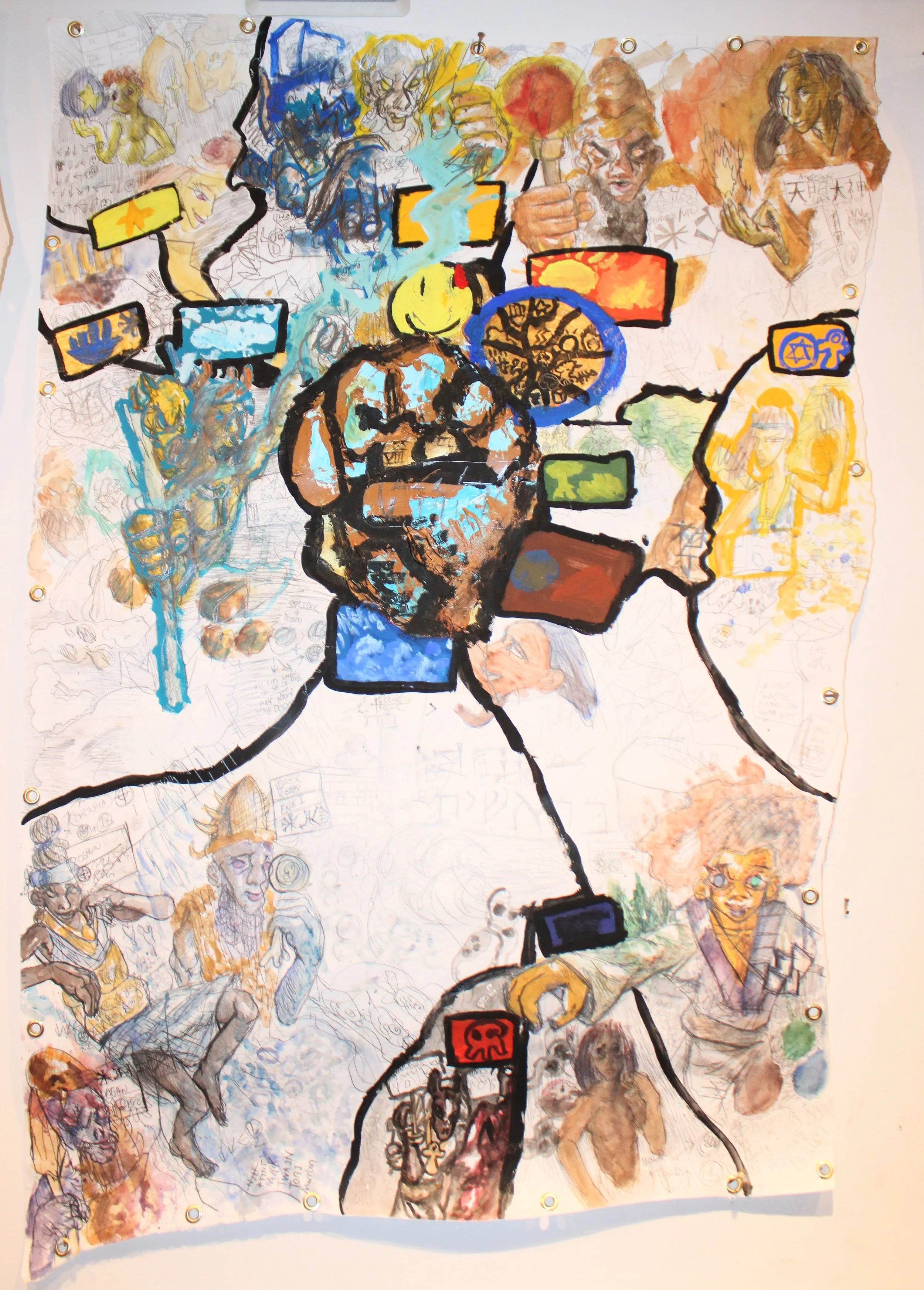 Cosmology, Acrylic, watercolor, gauche, and graphite pencil on Mixed media paper, 36 x 53 inches, 2024.