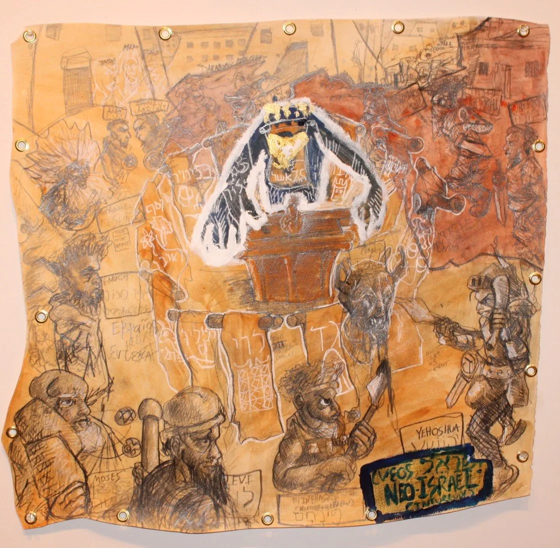 Neo-Israel Interlude, Acrylic, graphite and white pencil on Arches paper, 26 inches x 29 inches, 2024.
