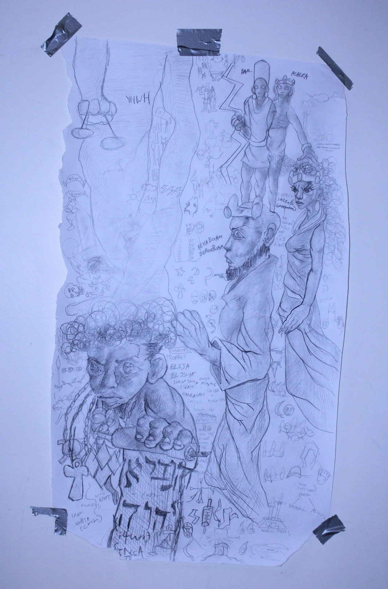 Prophets of YHWH and the royalty of Baal, Graphite pencil on Mixed media paper, 16 x 36 inches, 2023.
