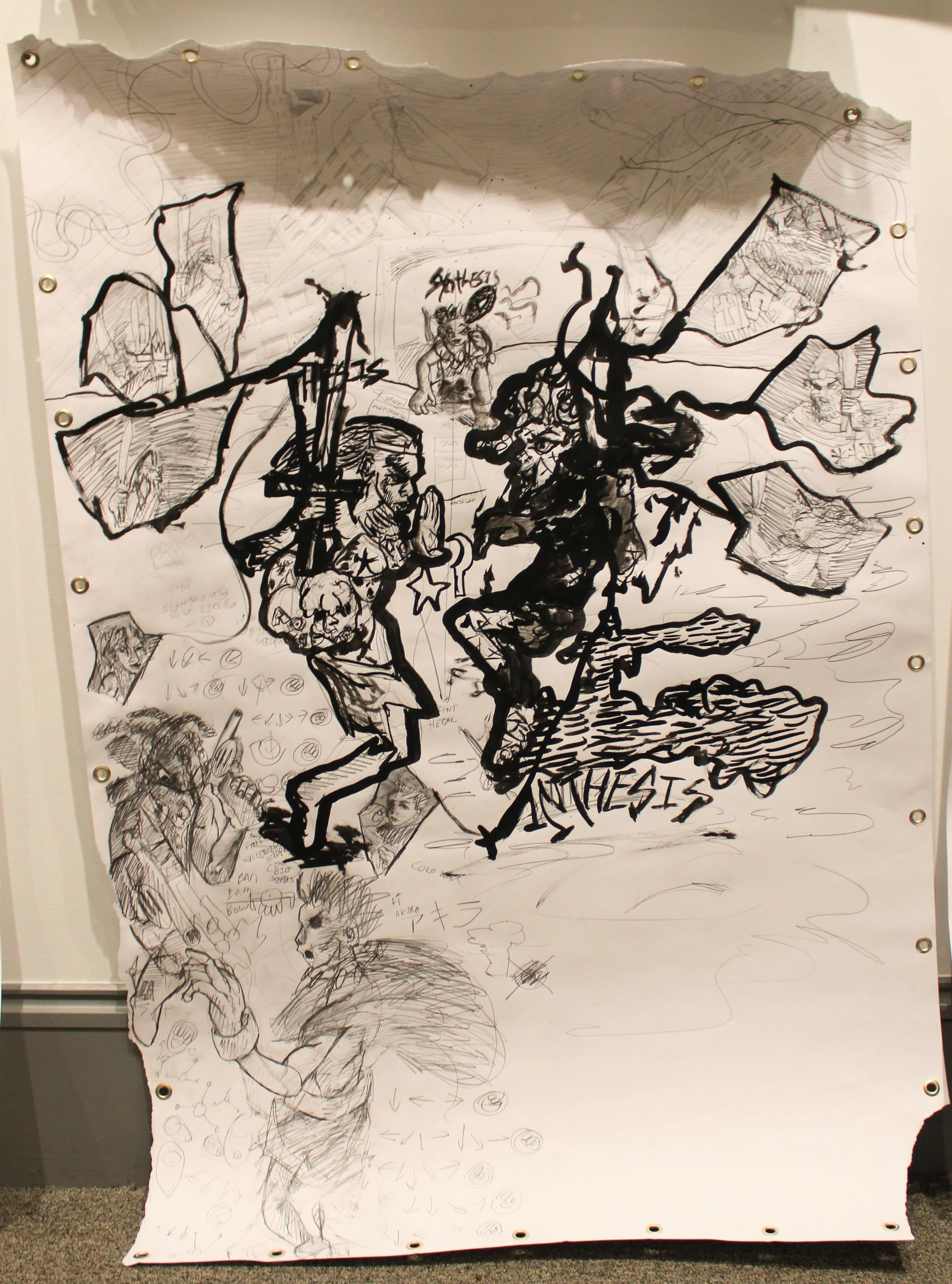 Thesis vs. Anthesis, Ink and graphite pencil on Mixed media paper, 52 x 34 inches, 2024.