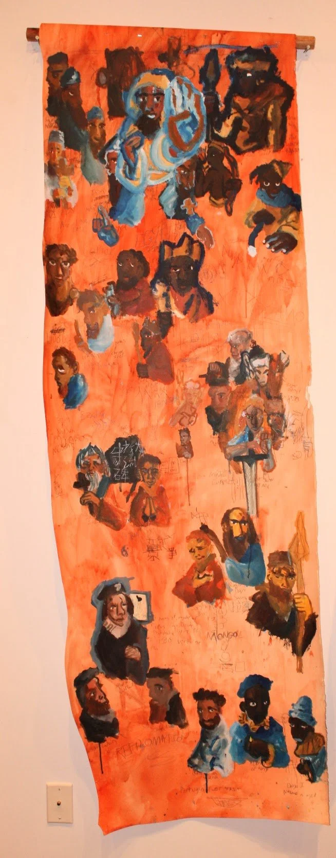 Church history: Middle ages, Acrylic and graphite pencil on Arches paper  attached to dowel, 21 x 82 inches, 2024.
