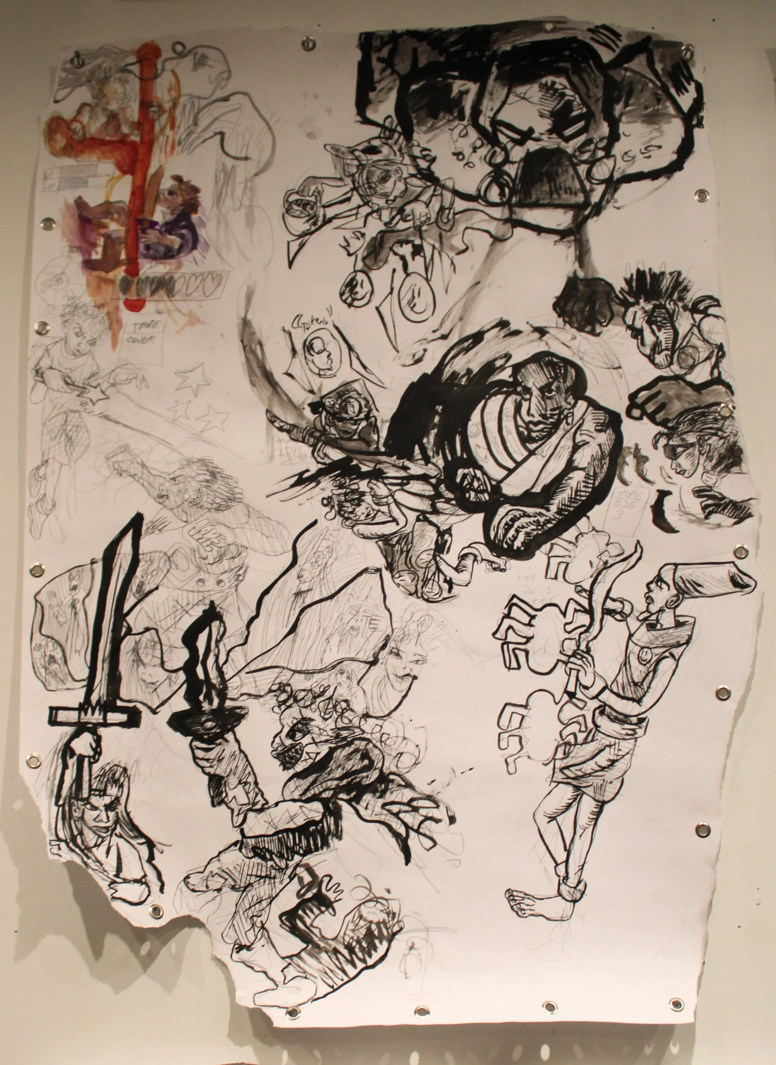 Movelist/ Hieroglyphics I, Watercolor, ink, and graphite pencil on Mixed media paper, 34 x 48 inches, 2024.
