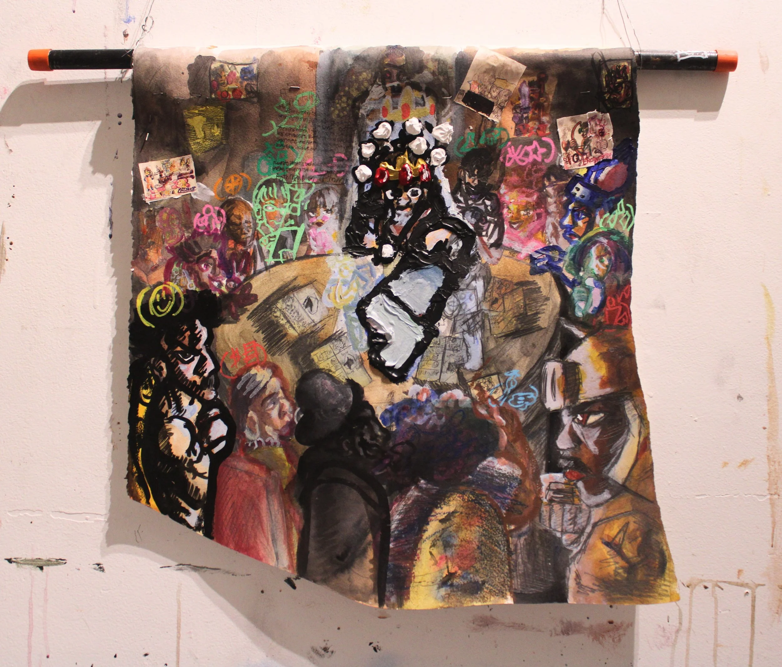 Scientist: Board room meeting, 31 x 25 inches, Acrylic, oil pastel, graphite pencil, collaged paper, ink, marker, and carbon tracing on Arches paper, 2026.