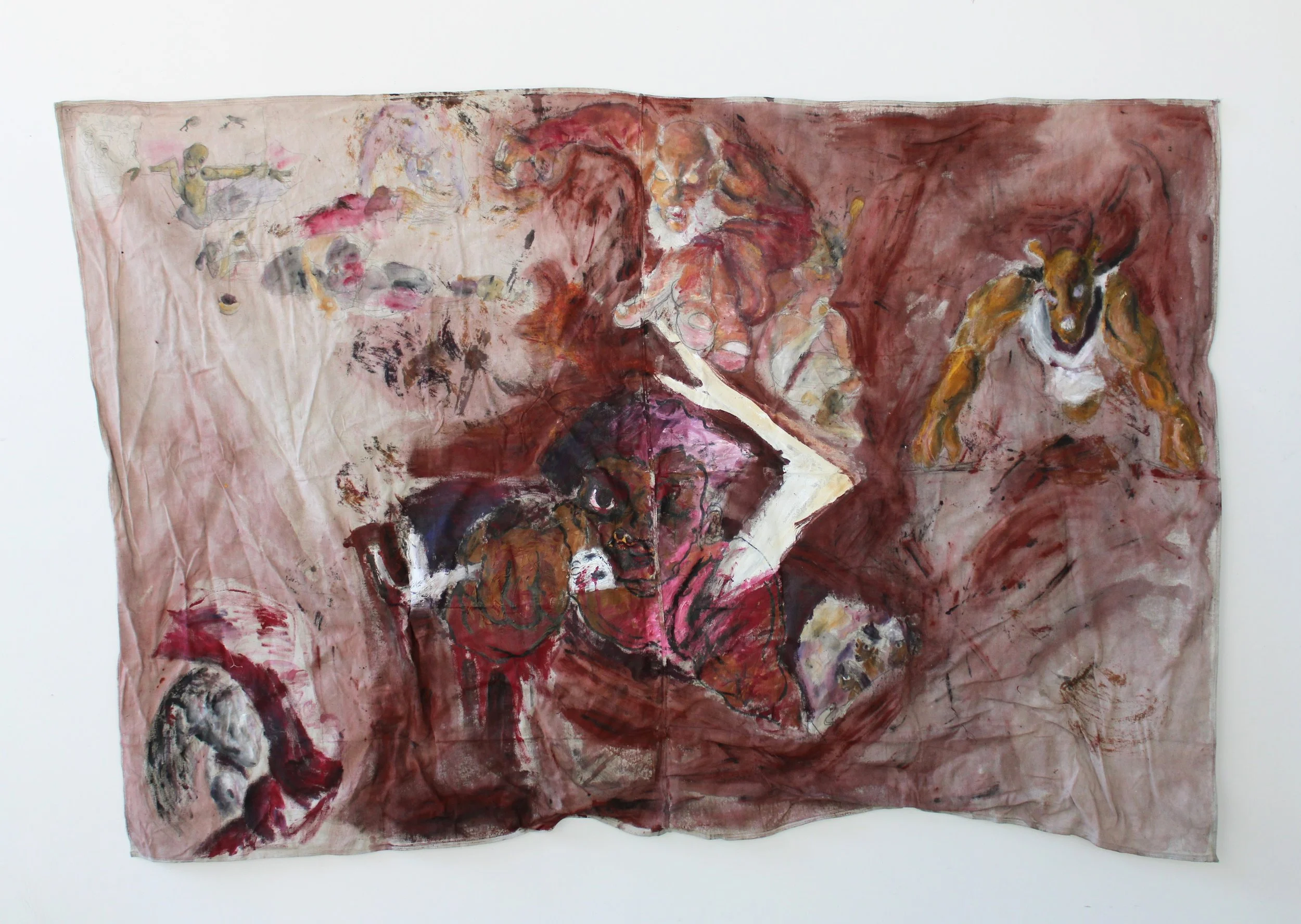 III. Escape, Acrylic paint, sticks, ink and graphite pencil on un-stretched/un-primed canvas, 104 inches x 68 inches, 2023.