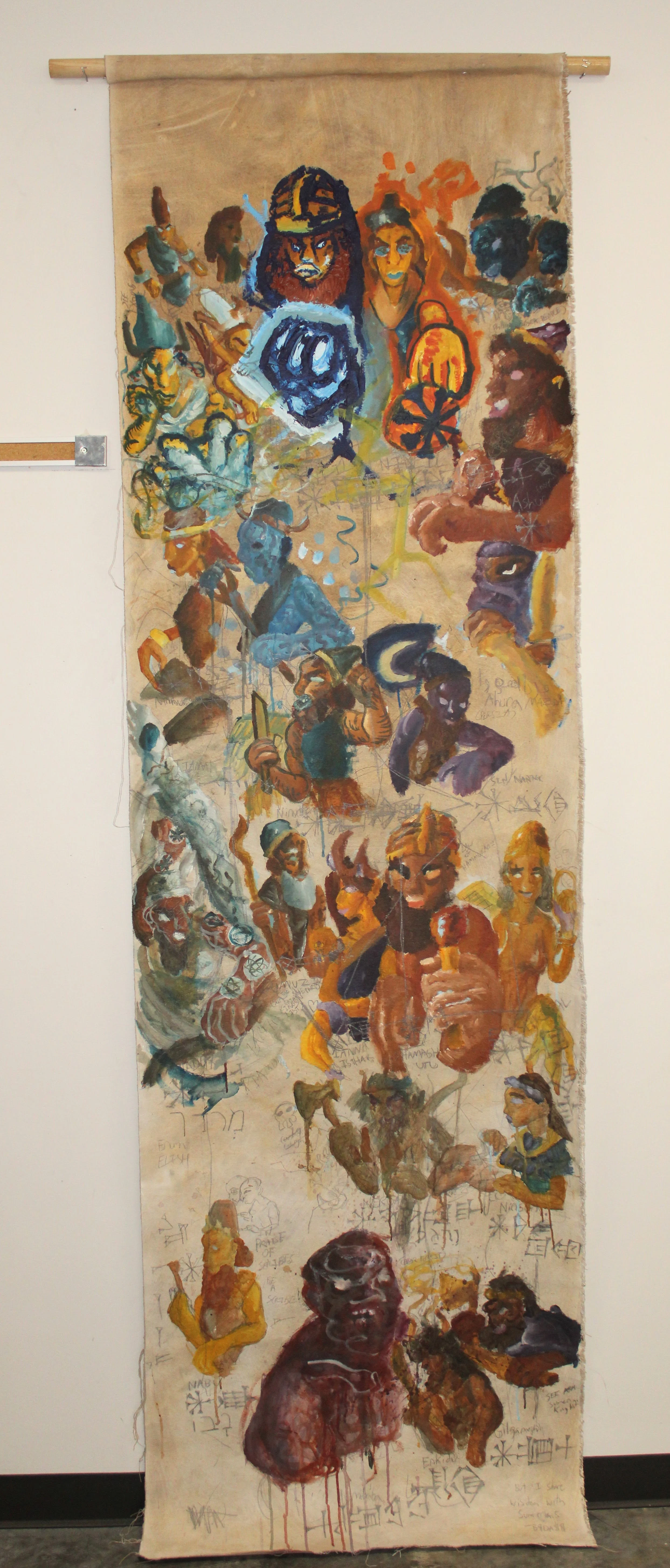 Ancient Near Eastern Pantheon, Acrylic and Graphite pencil on un-stretched canvas attached to dowel, 38 inches x 107 inches, 2024.