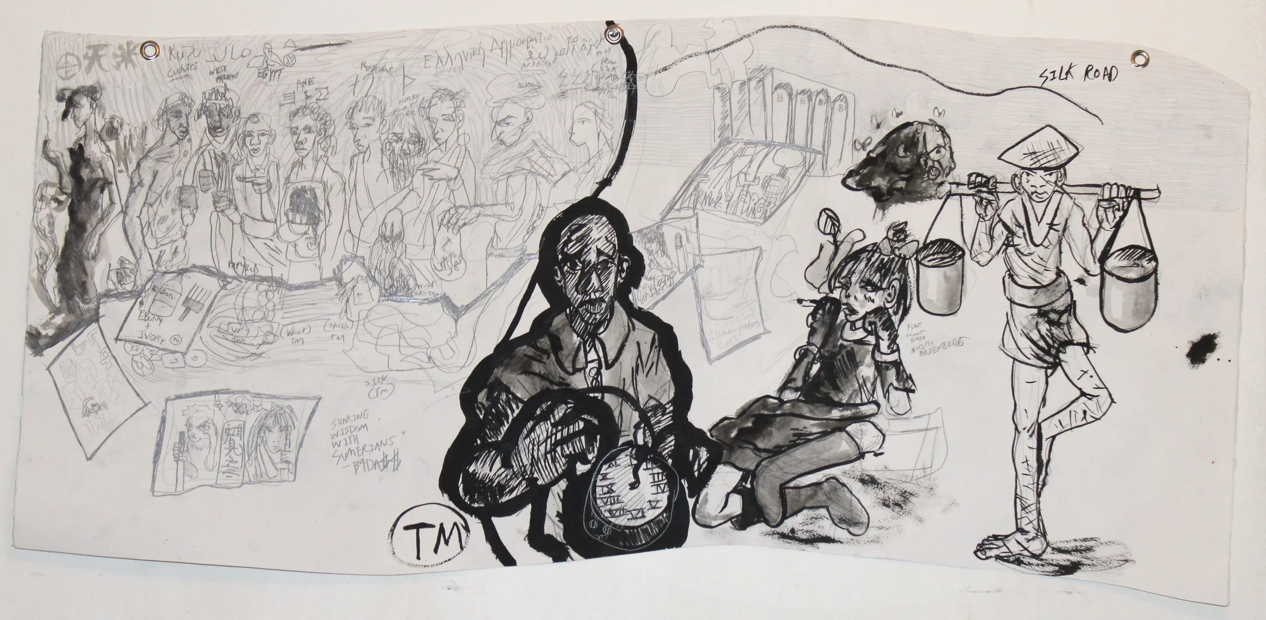Cultural Exchanges Side B ( Commodities and trade), Graphite pencil and ink wash on Arches paper, 36 x 18 inches, 2024.