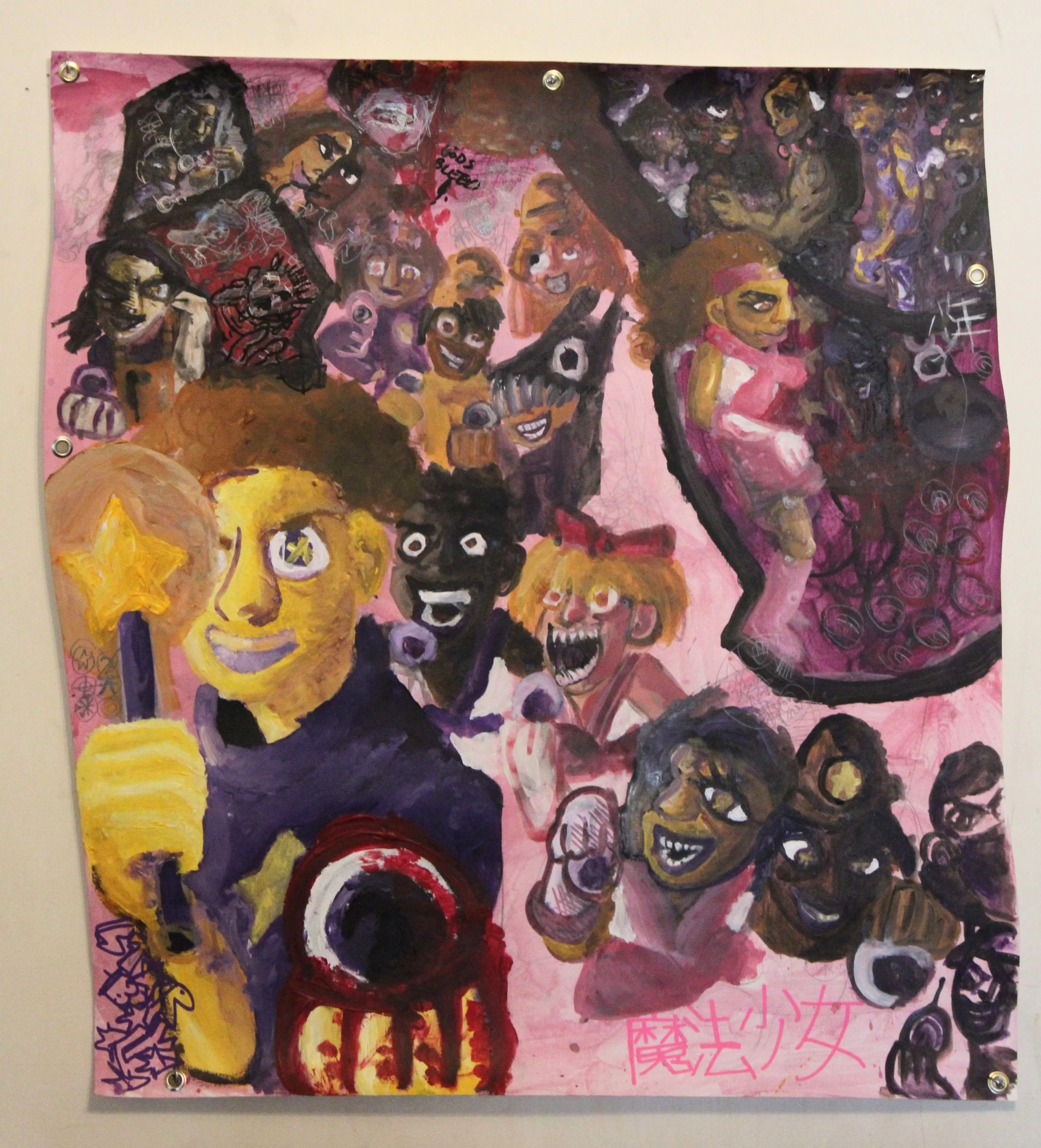 Titi vs. Vivians V: Gods Bleed II ( Magical girl/ shonen eye collection), Acrylic, graphite pencil and Posca Markers, 34 x 36 inches, 2024.  