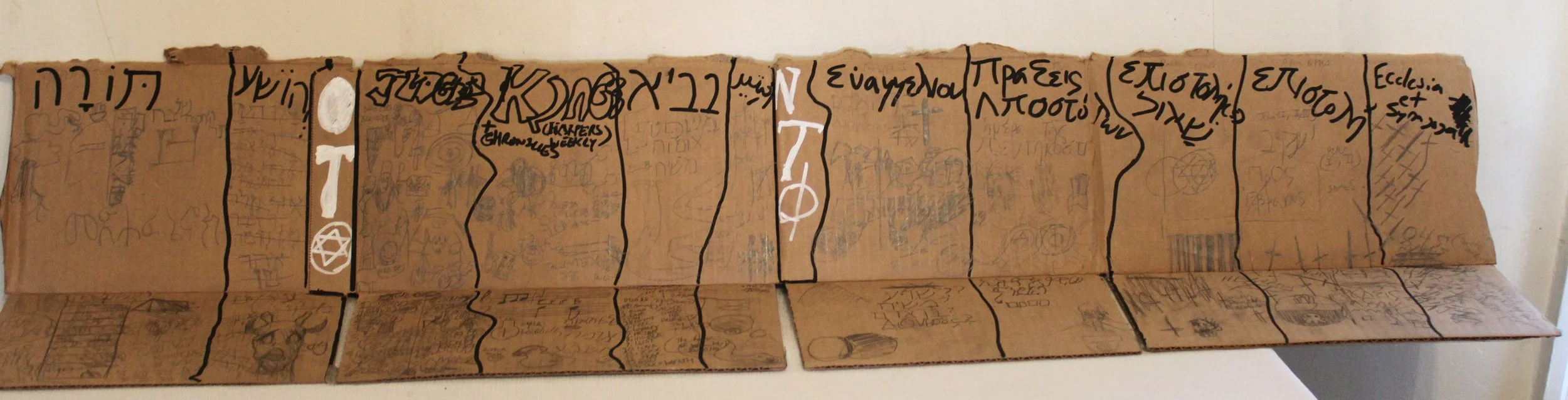Scriptura Side B Graphite pencil and posca markers on Cardboard, 47 x 13 inches, 2025.