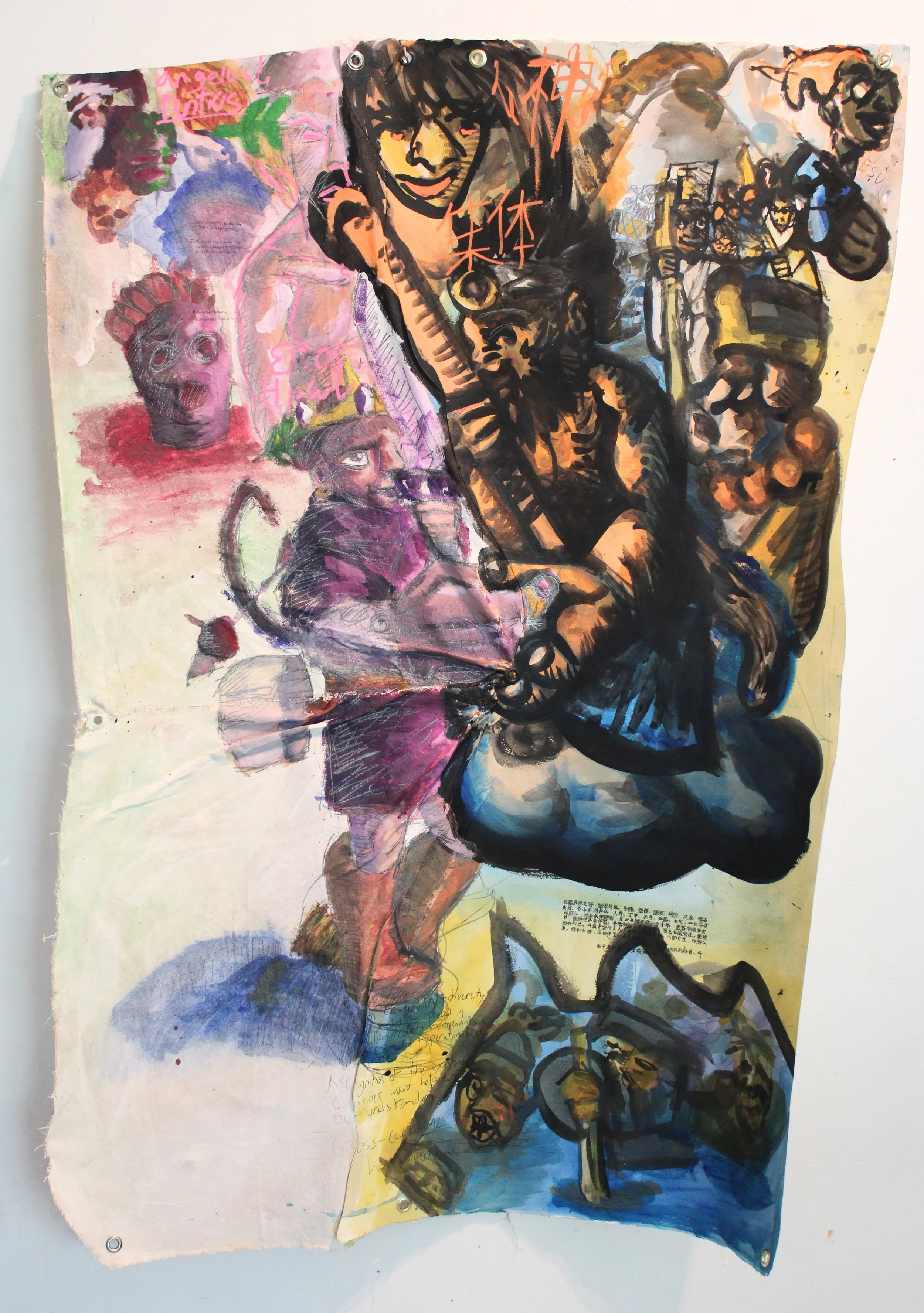 West/East, Individualism, collectivism and unity, Acrylic, graphite pencil, ink, posca markers, and carbon tracing on Mixed media papers, arches paper, and canvas, 52 x 38 inches, 2025.