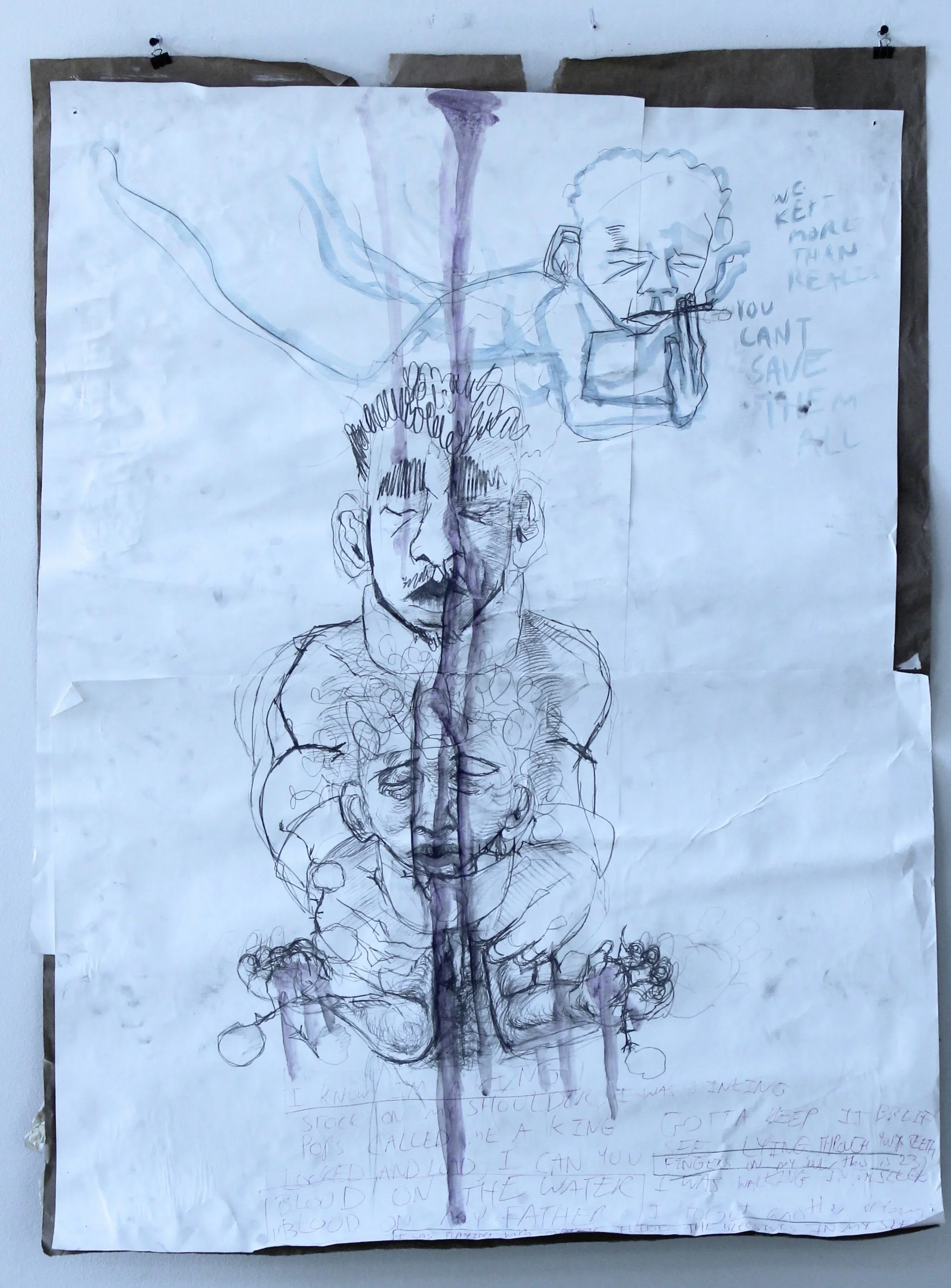 Father/Son, Graphite pencil and watercolor on ,Primed mixed media paper attached to Kraft paper, 49 x 36 inches, 2021.