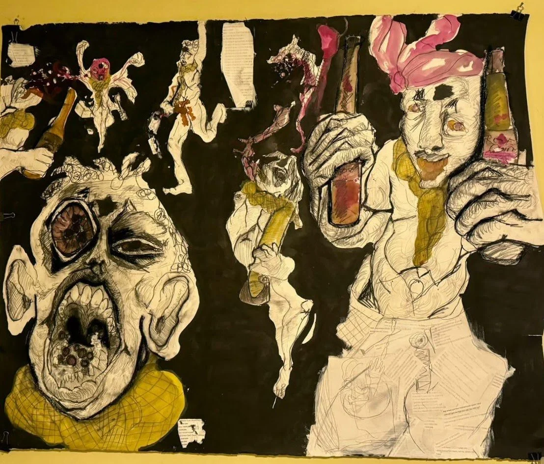 Lay wit ya, Acrylic, graphite pencil, collage, and ink on Arches paper, 52 x 46 inches, 2021.