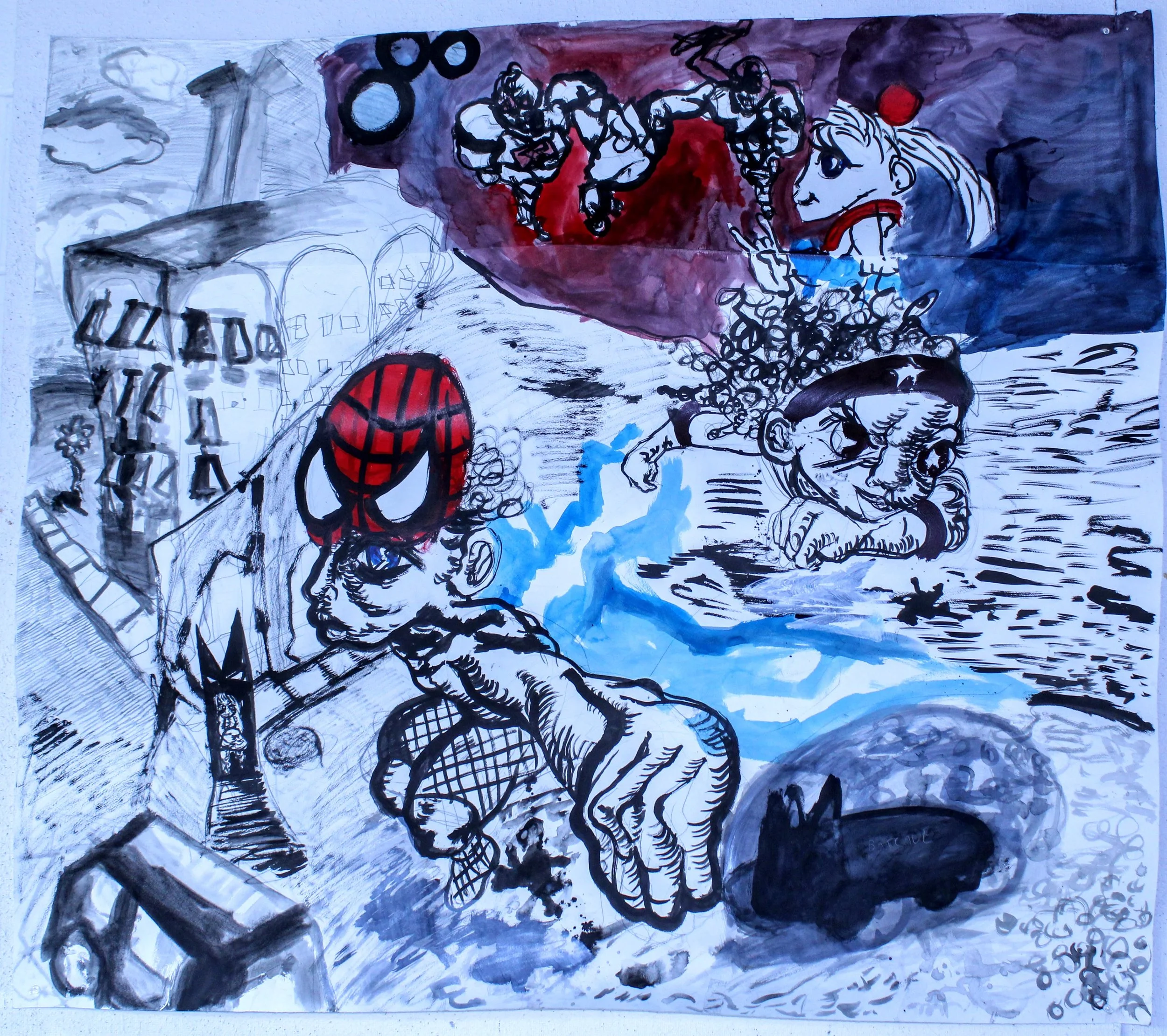 Batcave, Ink, graphite pencil, and watercolor on  Watercolor paper, 42 x 42 inches, 2022.
