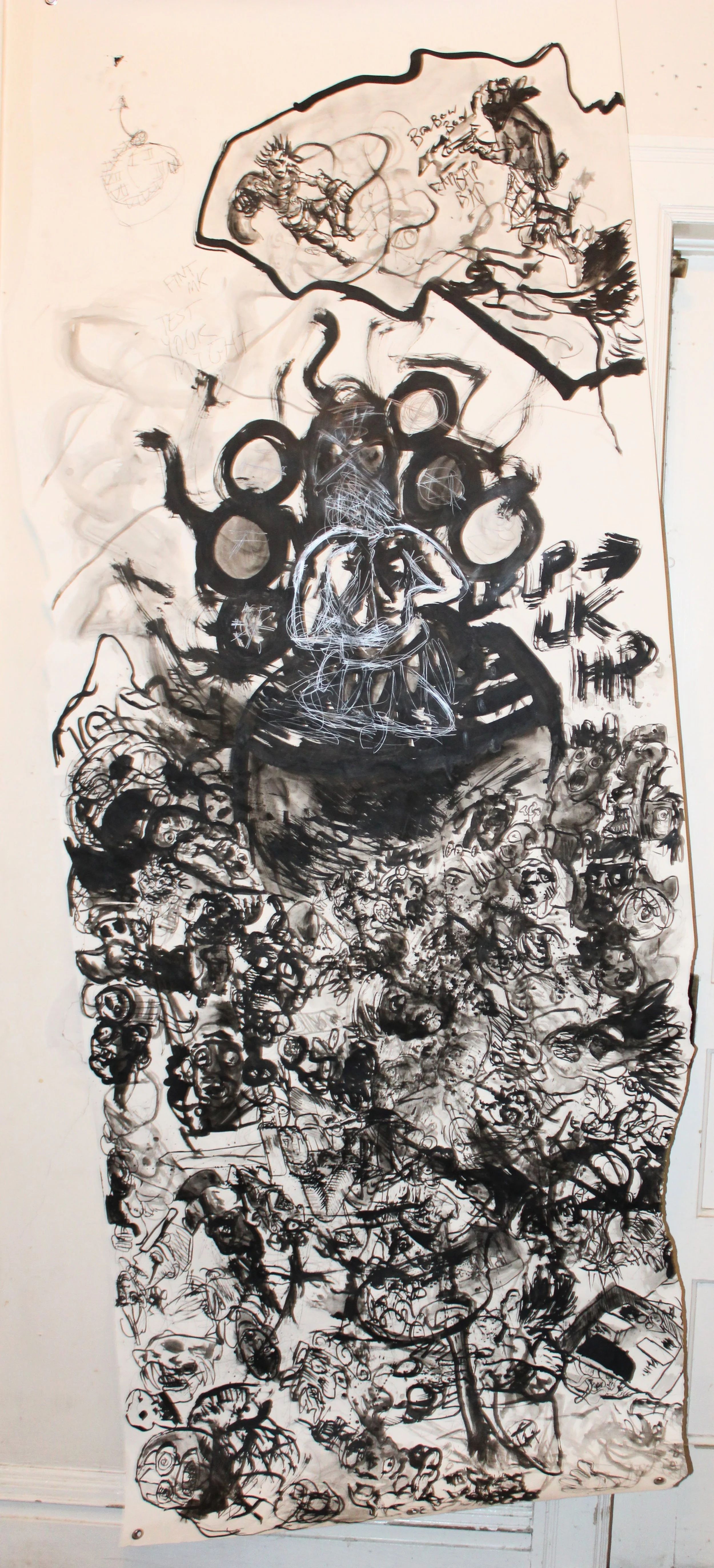 Cosmology II. Valley side B Test your might, Ink and wash, carbon, and posca marker on Drawing paper, 36 x 90 inches, 2025. 