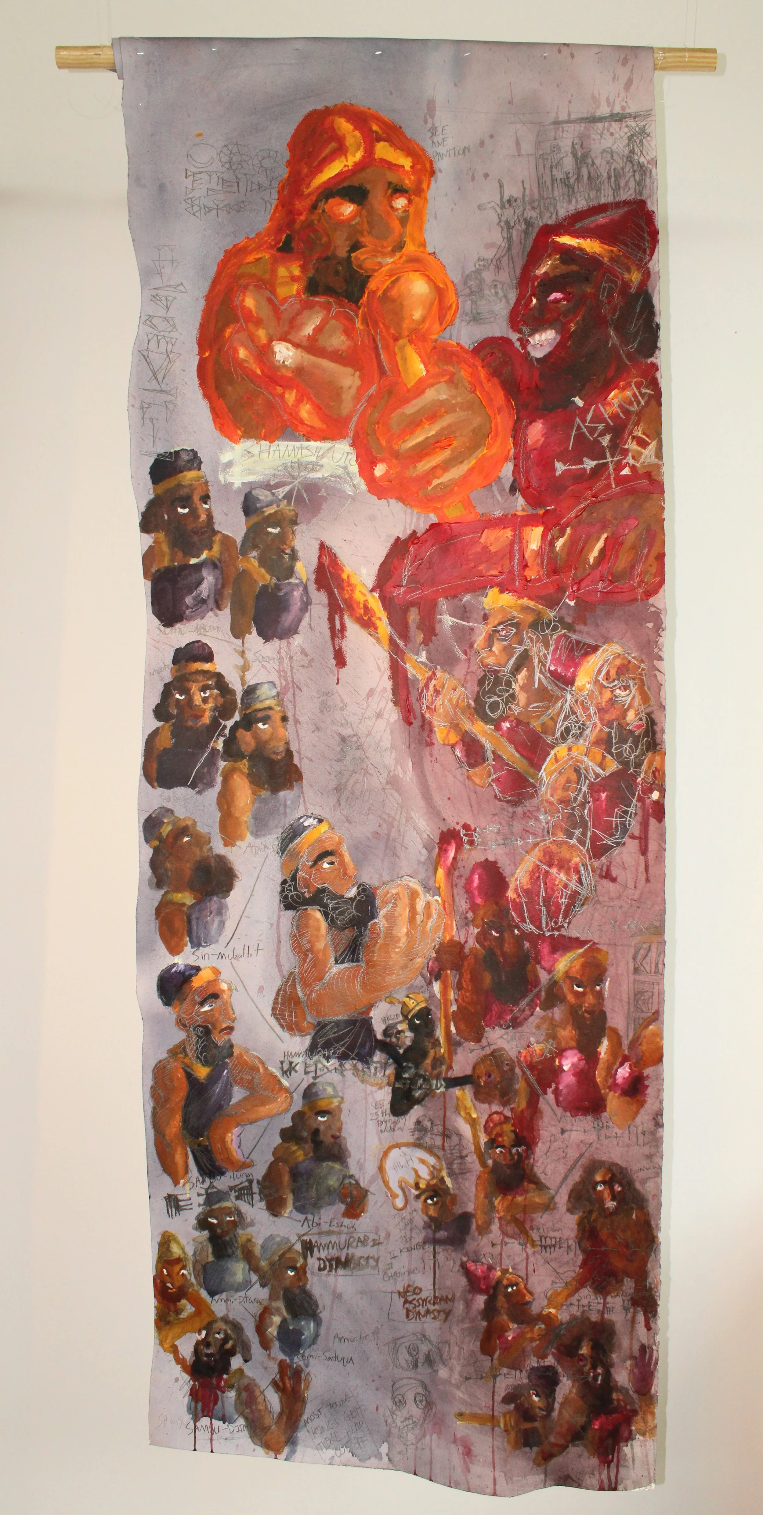 Hammurabi and Neo Assyrian dynasty, Acrylic and Graphite pencil on Arches paper attached to dowel, 36 x 80 inches, 2024.