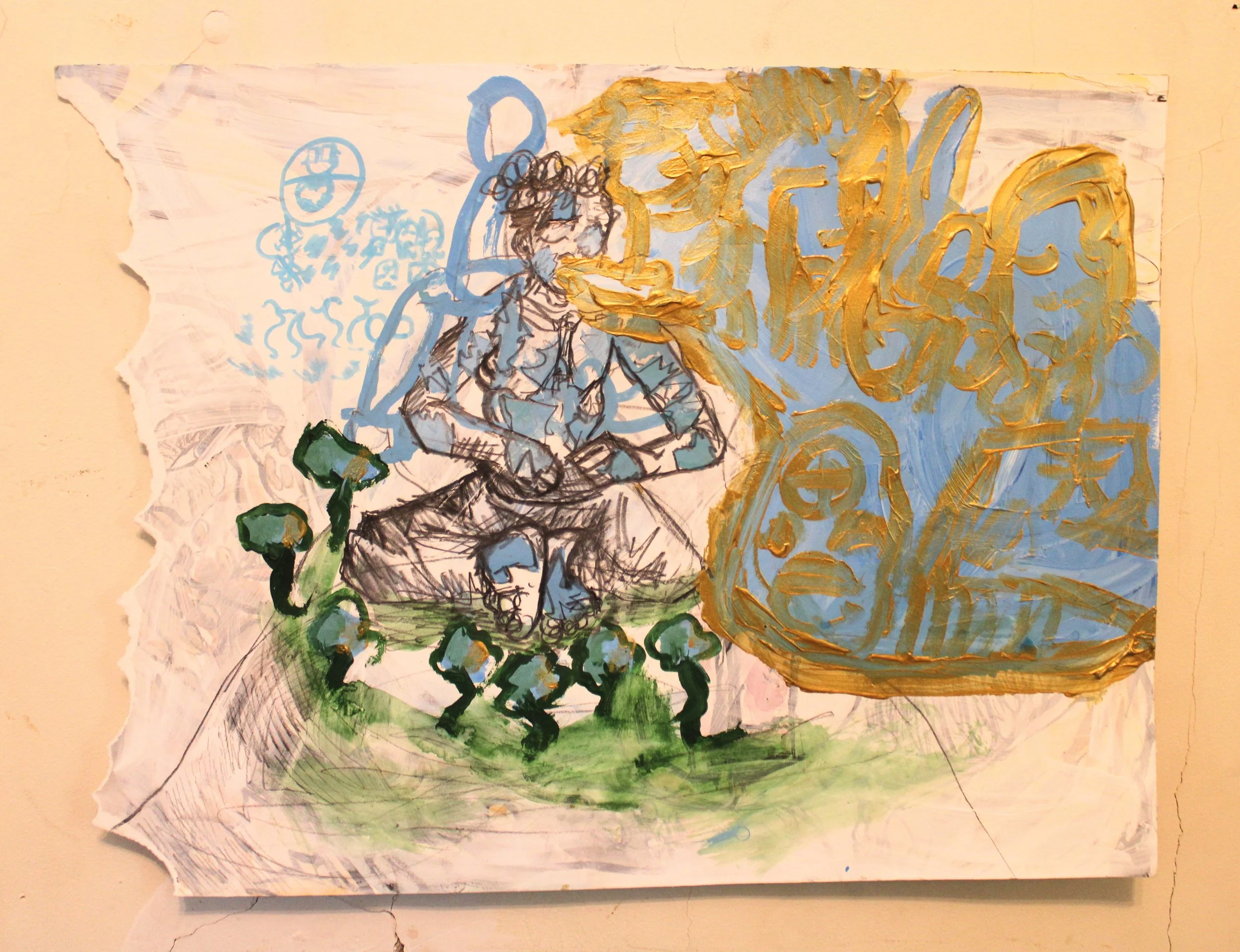 Tattoo Interlude, Acrylic, graphite pencil, and posca markers on Primed watercolor paper, 24 x 18 inches, 2025.