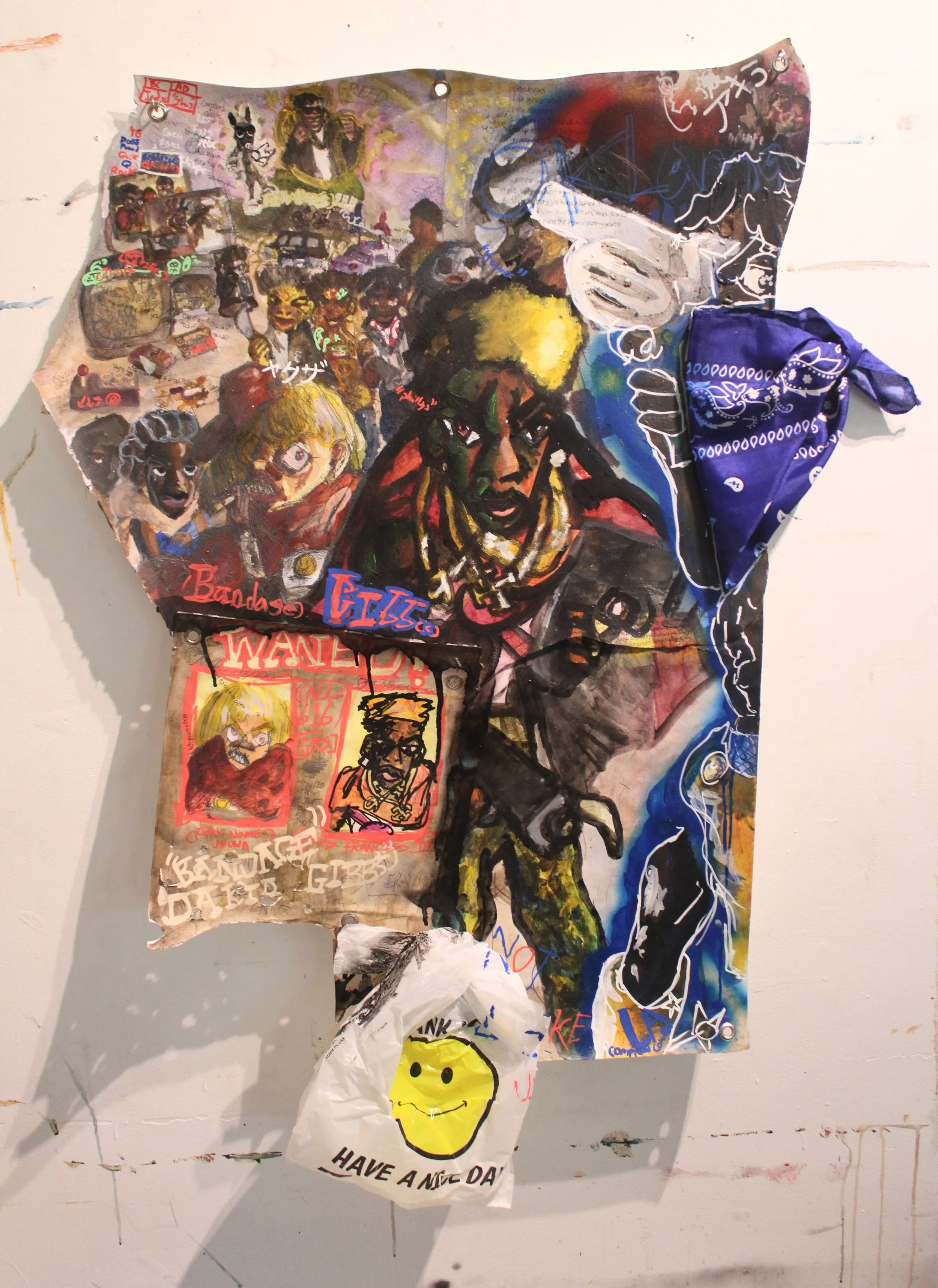 Scientist appendix Thugs and Bandits I: Wanted and Wandering, Acrylic, graphite pencil, plastic bag, bandana, spray paint, marker, carbon tracing, and collaged paper on Arches paper, 35 x 45 inches, 2025.