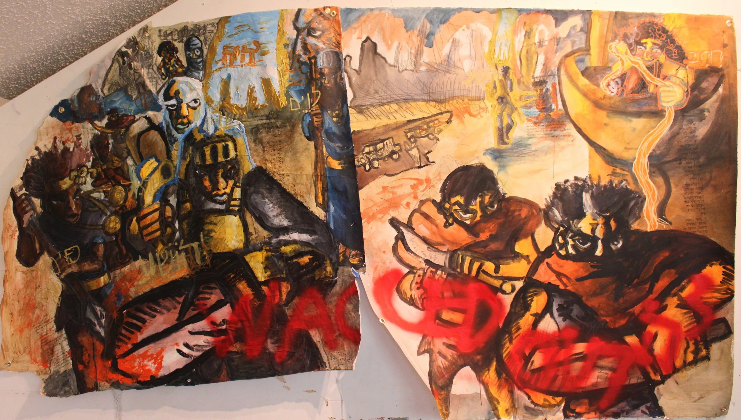 Yehoshua part I: From Mizrium to Canaan, Acrylic, graphite pencil, spray paint, markers, and carbon tracing on Mixed media and arches paper, 92 x 51 inches, 2025.