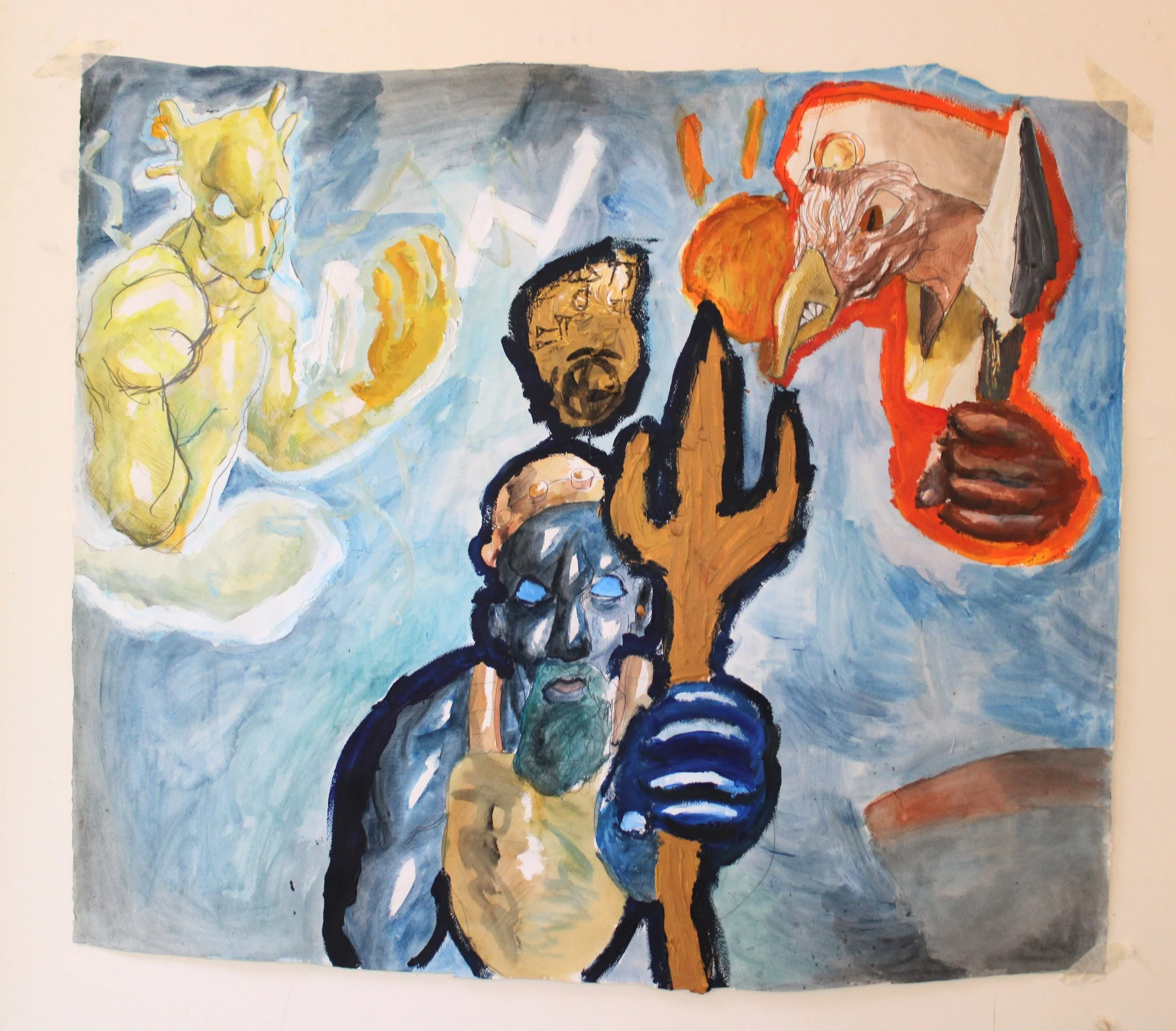 V. Origin of Cosmology, Acrylic, watercolor, and graphite pencil on Arches paper, 46 inches x 48 inches, 2023.