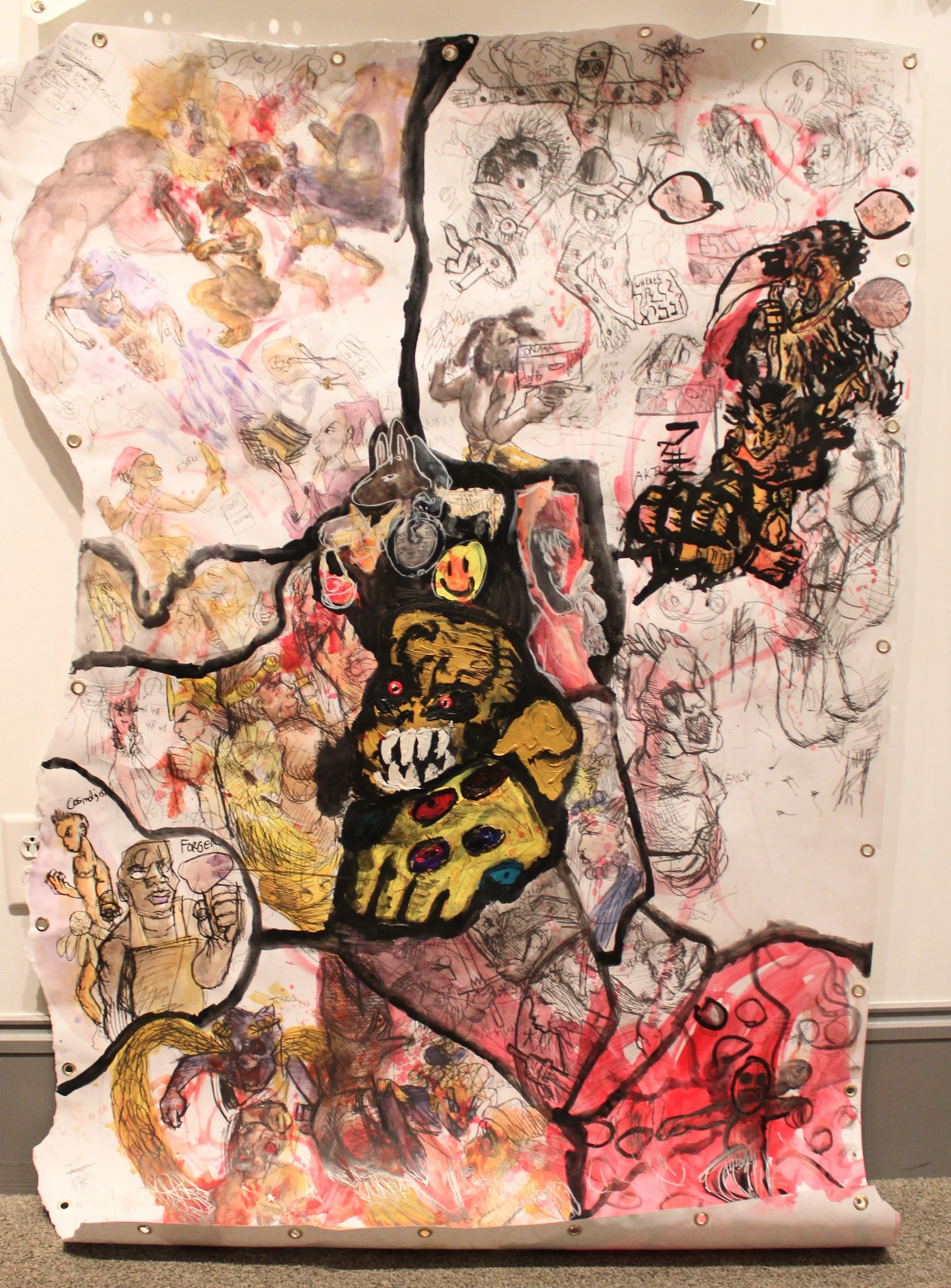 Death of the Old Gods, Acrylic, gauche, watercolor, graphite and white pencil 43 inches x 64 inches, 2024.
