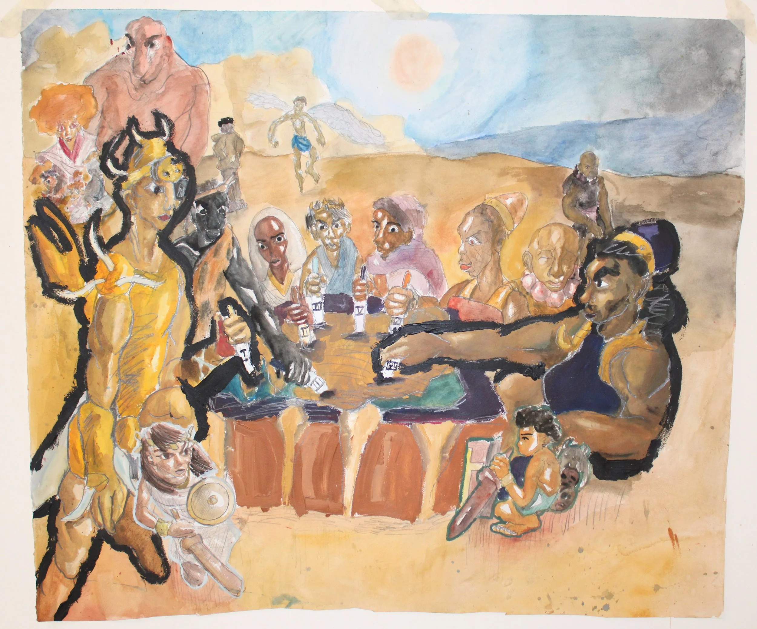 VII. Table of Nations, Acrylic, watercolor, and graphite pencil on Arches paper, 50 inches x 46 inches, 2023.