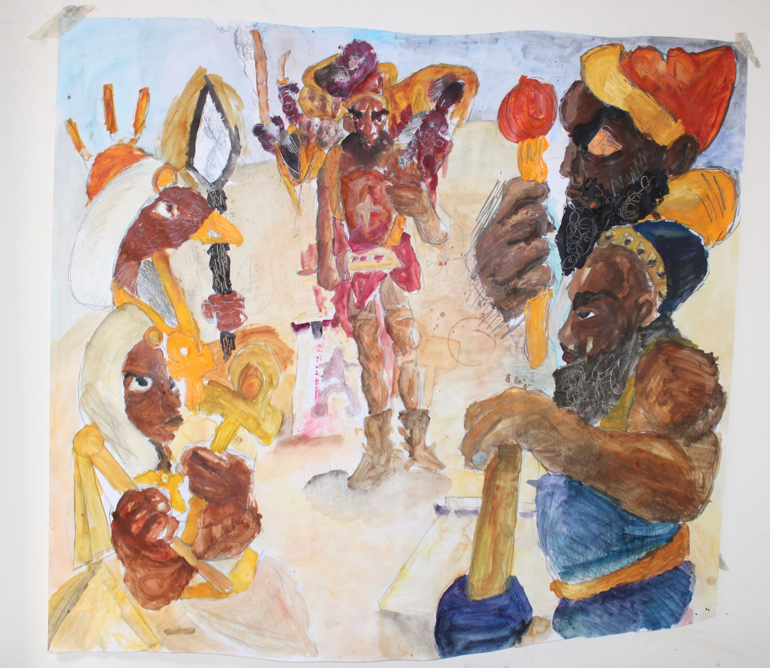 VII. Iron curtain, Watercolor, acrylic paint, and graphite pencil, 48 inches x 48 inches, 2023.