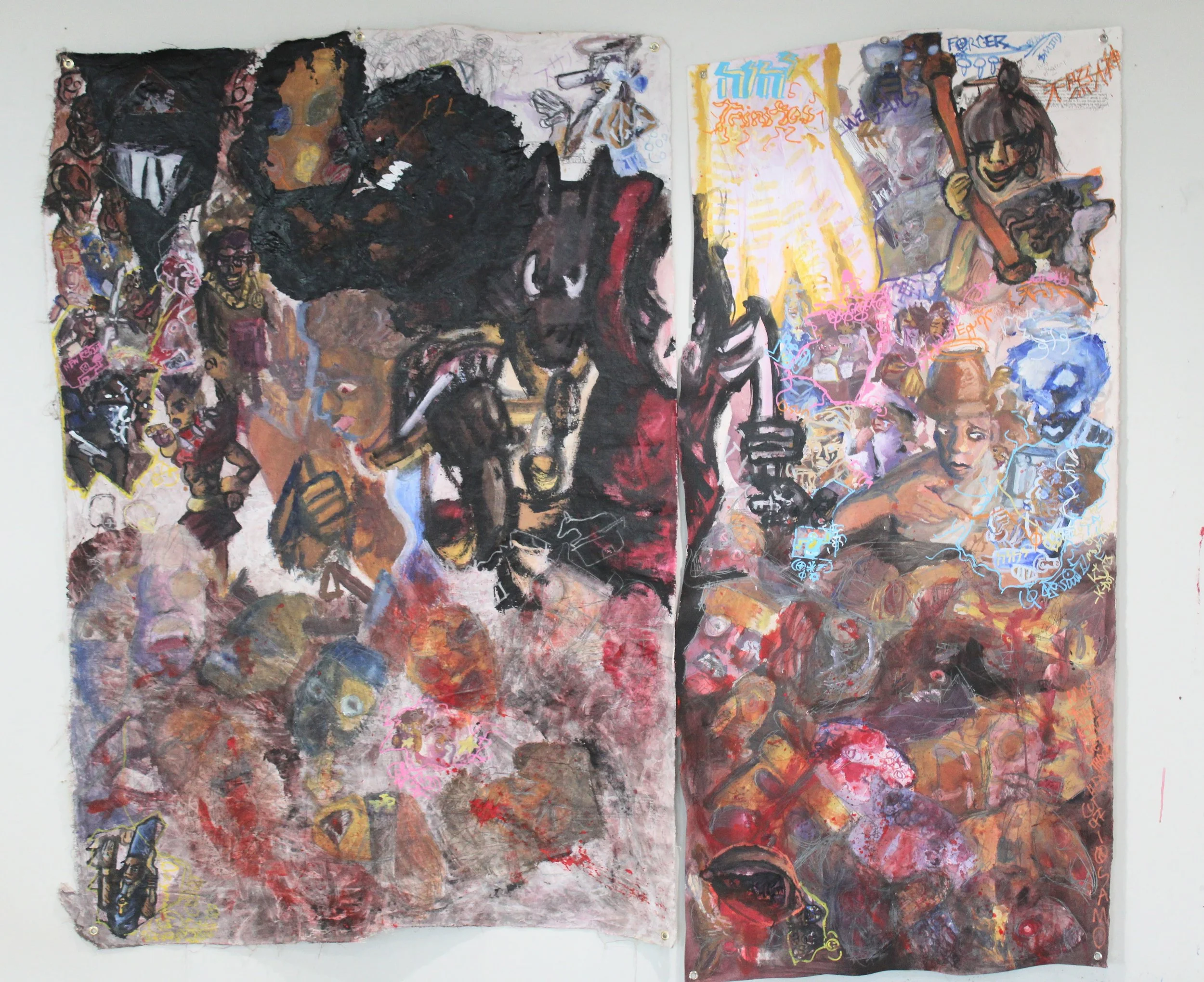 Death of the Old Gods III: @SAMO, Acrylic, graphite pencil, posca markers, and carbon tracing on Canvas and Arches paper, 2025.
