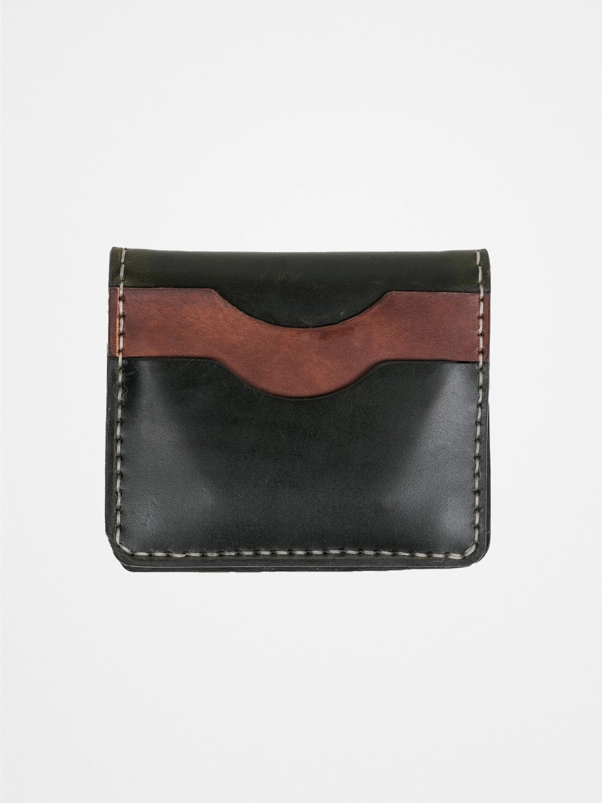 Leather wallet with black and brown stitching on a white background