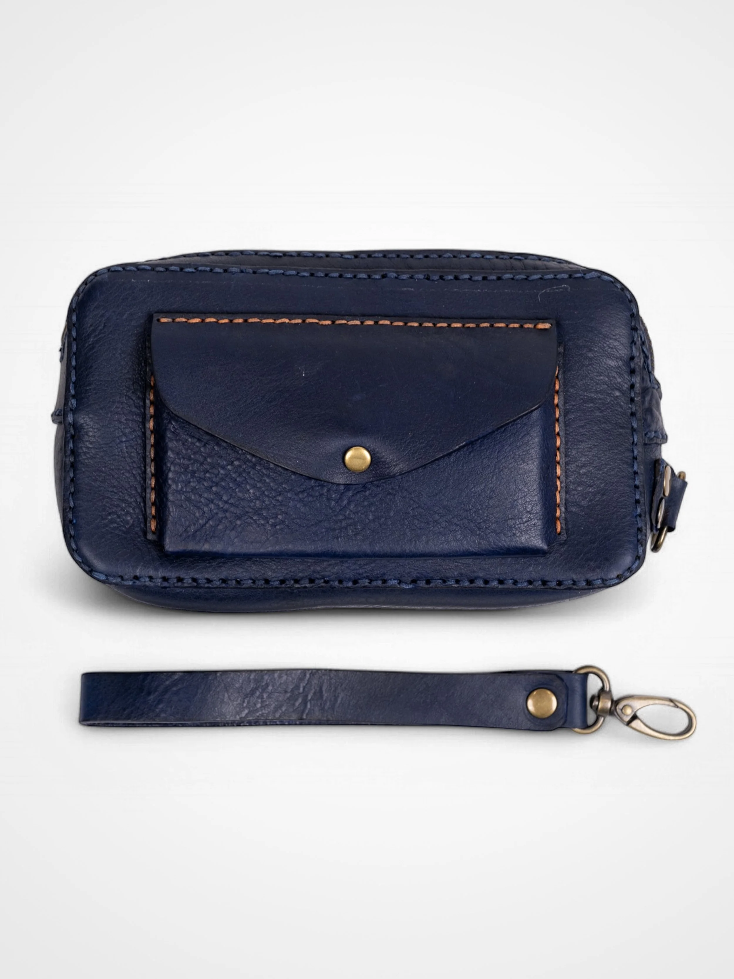 Dark blue leather pouch with snap button pocket and detachable strap