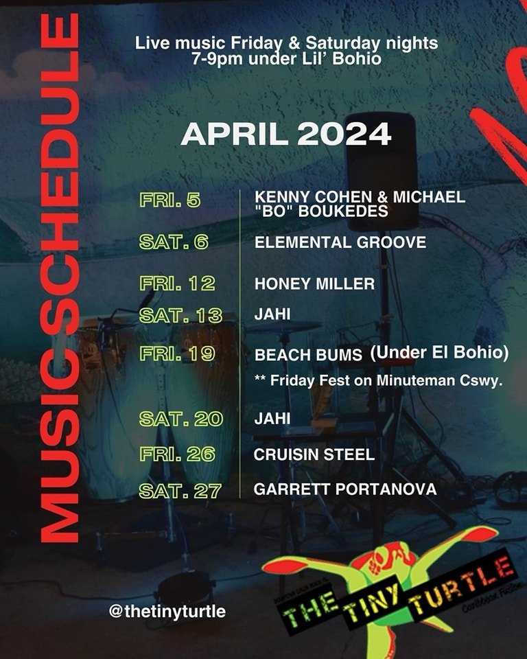 Here's our updated music schedule for the rest of April!  Join us under our Bohios 🛖 for some chill vibes and delicious Caribbean Fusion cuisine!🐢💚🛖🎵😎 #thetinyturtle #caribbeanfusion #livemusic #tikihutdining