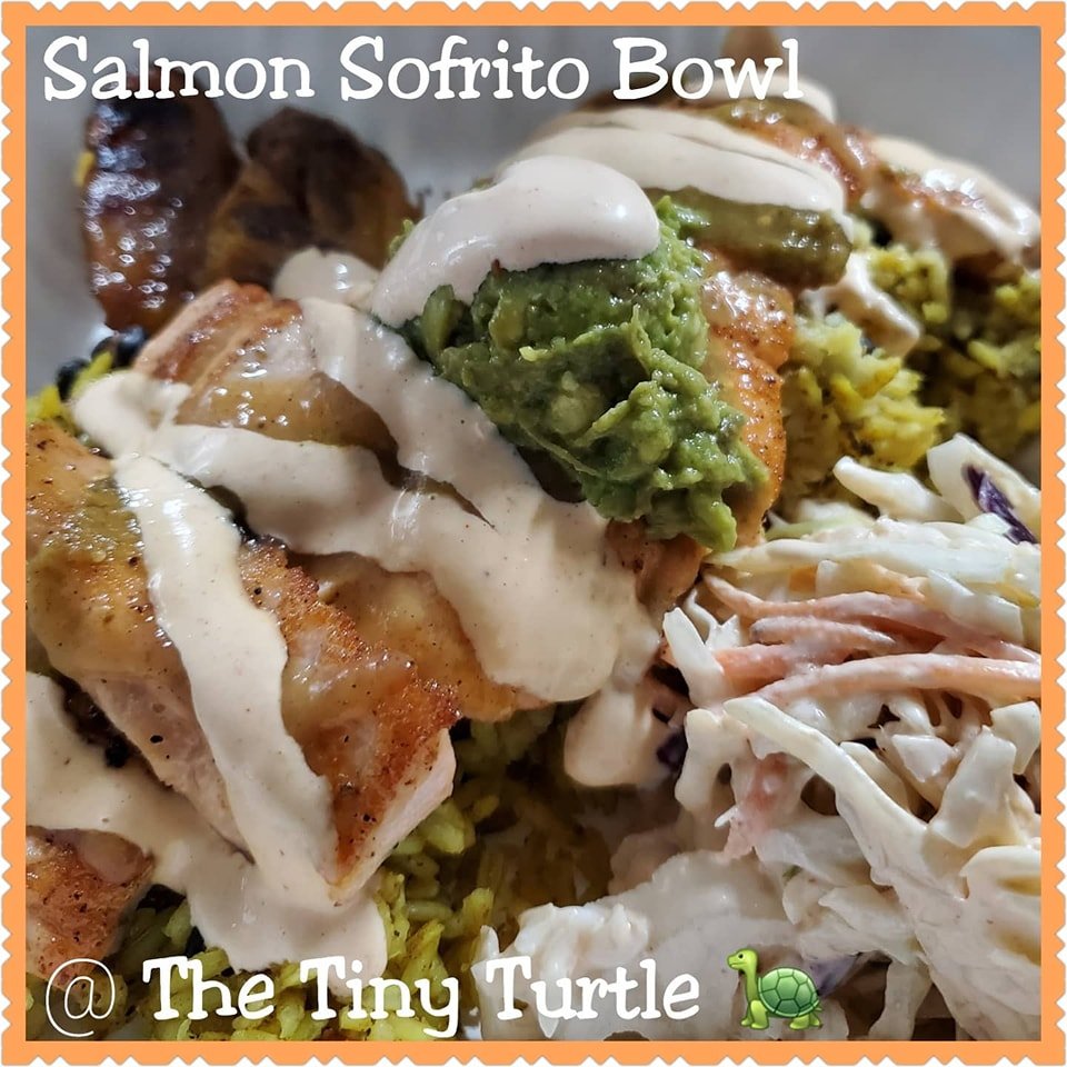 Fresh Fish Friday brings us Fresh Grilled Salmon!!! Our Sofrito Bowl is a great choice for our Fresh Grilled Salmon!  See you soon! 😉🐢💚 #thetinyturtle #caribbeanfusion #sofritobowl #freshgrilledsalmon #freshfish #fridaynight
