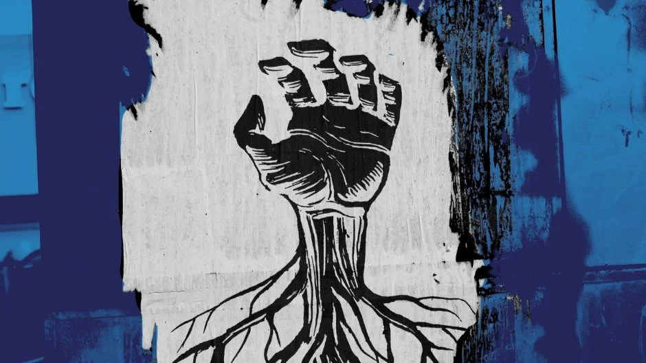 collage aesthetic with an illustration of a fist with roots coming out of the wrist