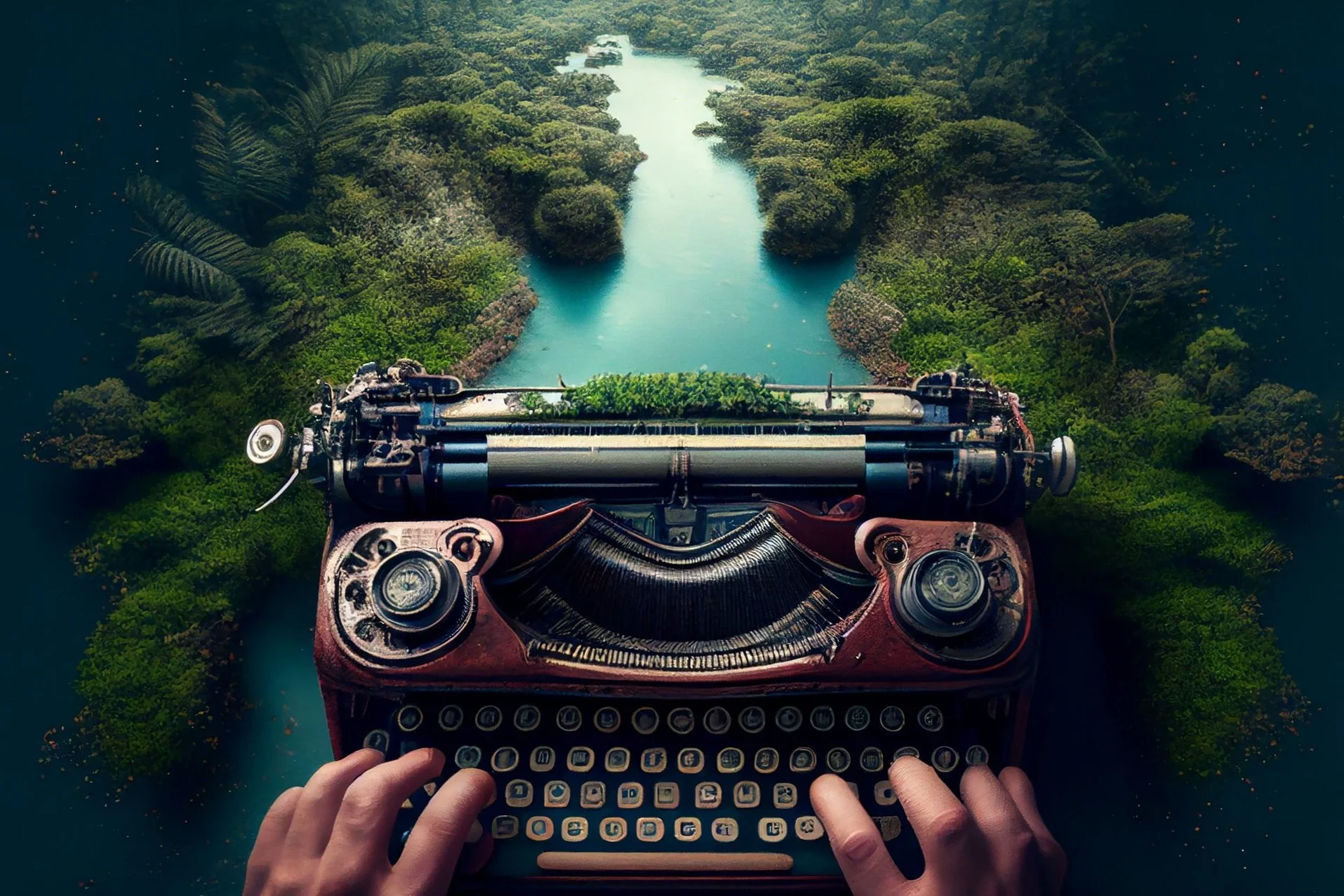 image of writer typing on vintage typewriter, producing a beautiful landscape