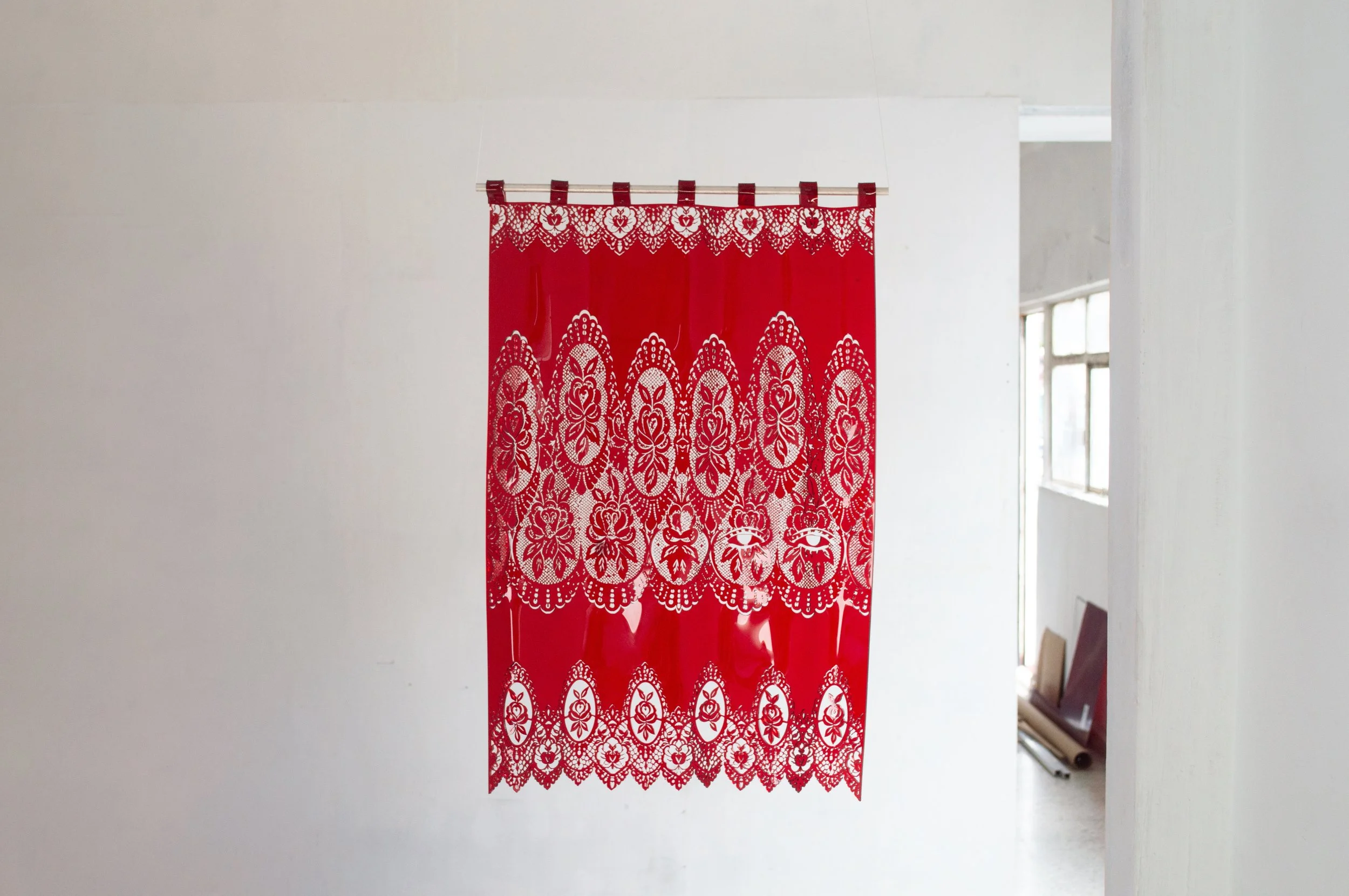Severin Hallauer, In Sight / Insight, 2026, is an ongoing series exploring the politics of visibility through motifs of curtains, shutters, windows, and horizons. Oscillating between architecture and landscape, the works investigate the domestic thre