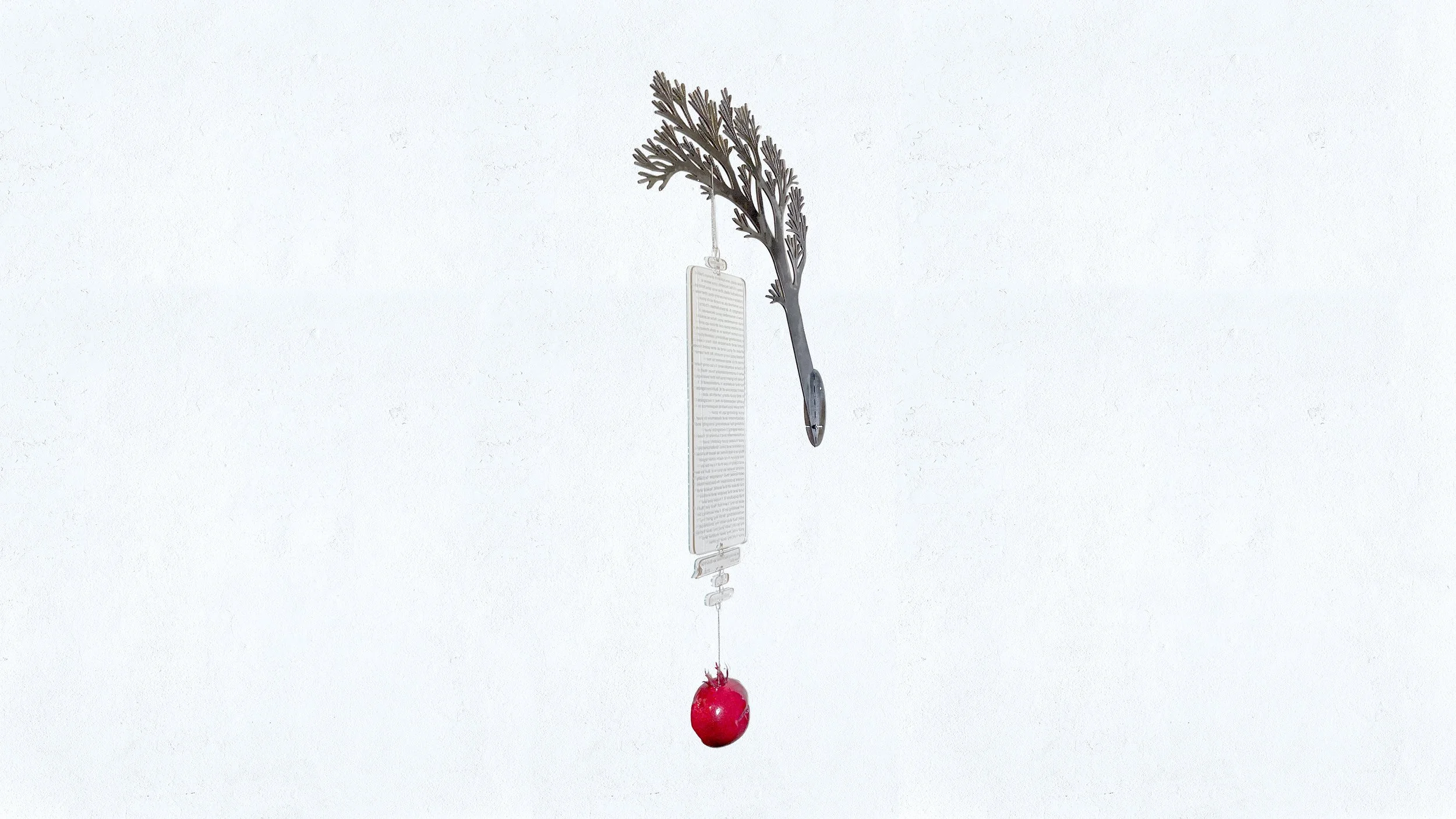 Repeat, 2026, SEVERIN HALLAUER
steel, engraved glass, ceramic, 85cm x 34cm x 10cm


Repeat is a wall-mounted sculpture composed of a steel branch, suspended engraved glass plates, and a ceramic apple. The glass carries a message written by the artist