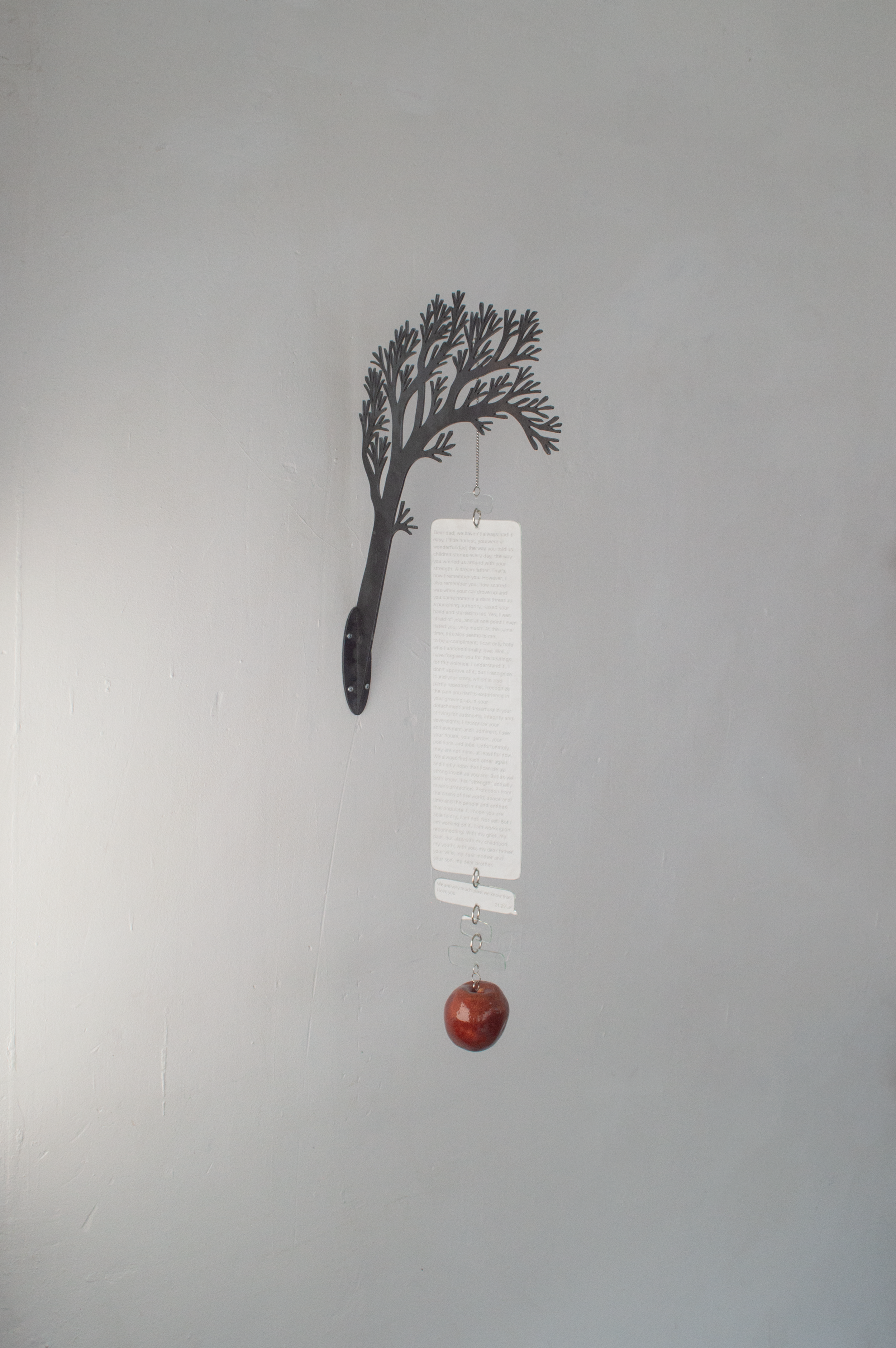 Severin Hallauer, Repeat, 2026. Steel, engraved glass, and ceramic sculpture reflecting on fatherhood, inherited violence, memory, and emotional transmission.