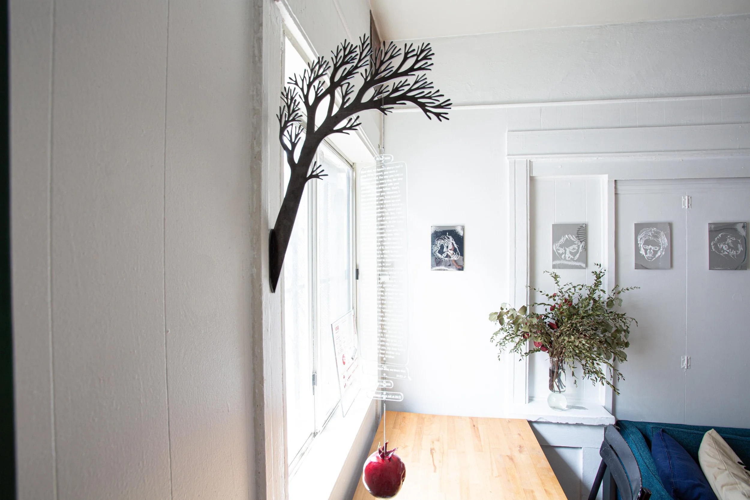 Repeat, 2026
steel, engraved glass, ceramic, 85cm x 34cm x 10cm

3

Repeat is a wall-mounted sculpture composed of a steel branch, suspended engraved glass plates, and a ceramic apple. The glass carries a message written by the artist to his father o