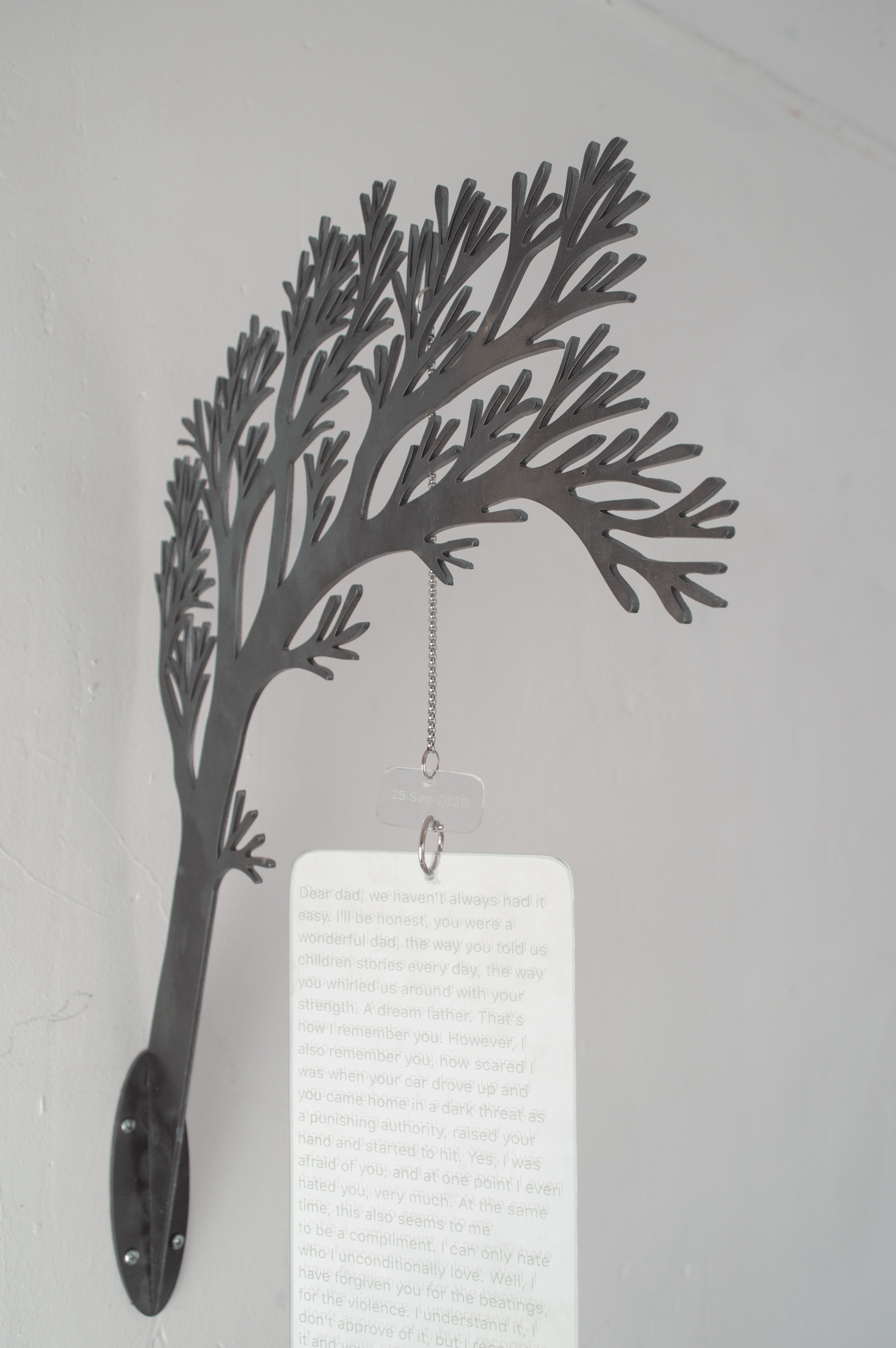 Repeat, 2026
Repeat is a wall-mounted sculpture by Severin Hallauer combining steel, engraved glass, and ceramic. Through a personal letter to the artist's father and the symbolism of an apple hanging from a branch, the work reflects on inherited tra