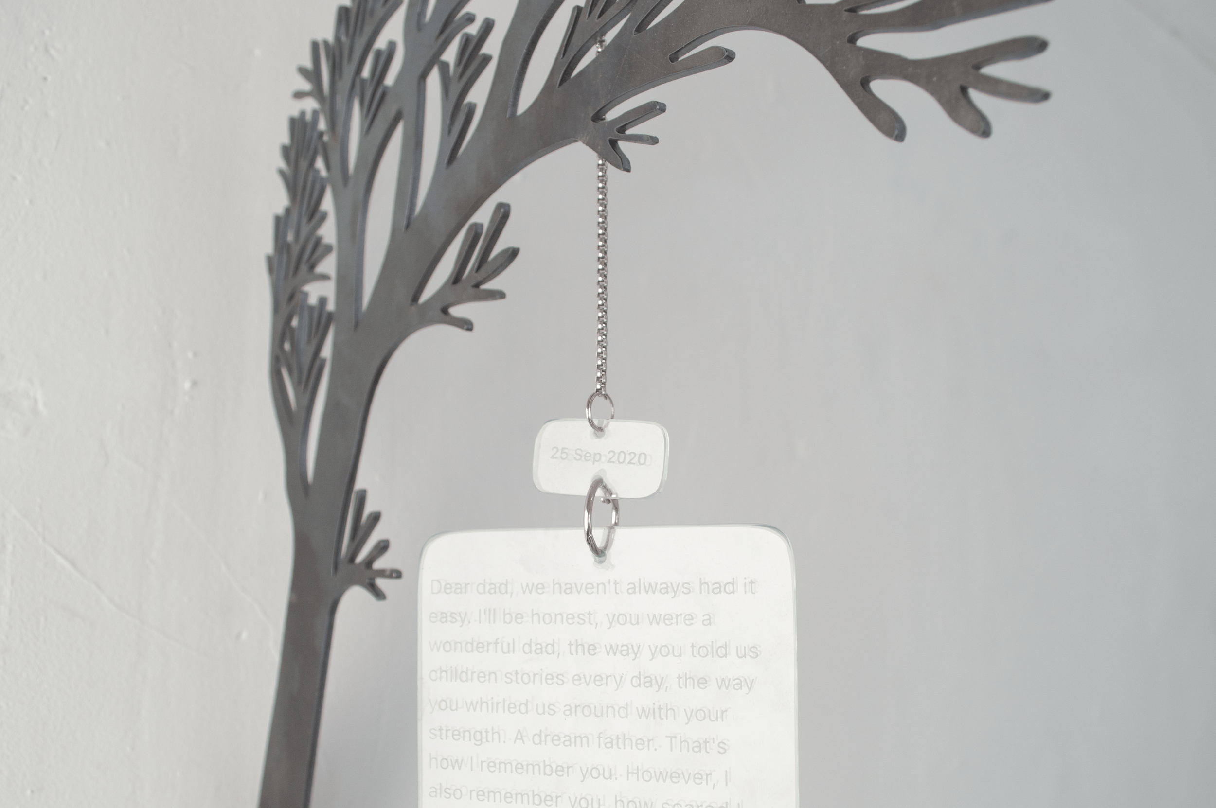 Repeat, 2026
Repeat is a wall-mounted sculpture by Severin Hallauer combining steel, engraved glass, and ceramic. Through a personal letter to the artist's father and the symbolism of an apple hanging from a branch, the work reflects on inherited tra