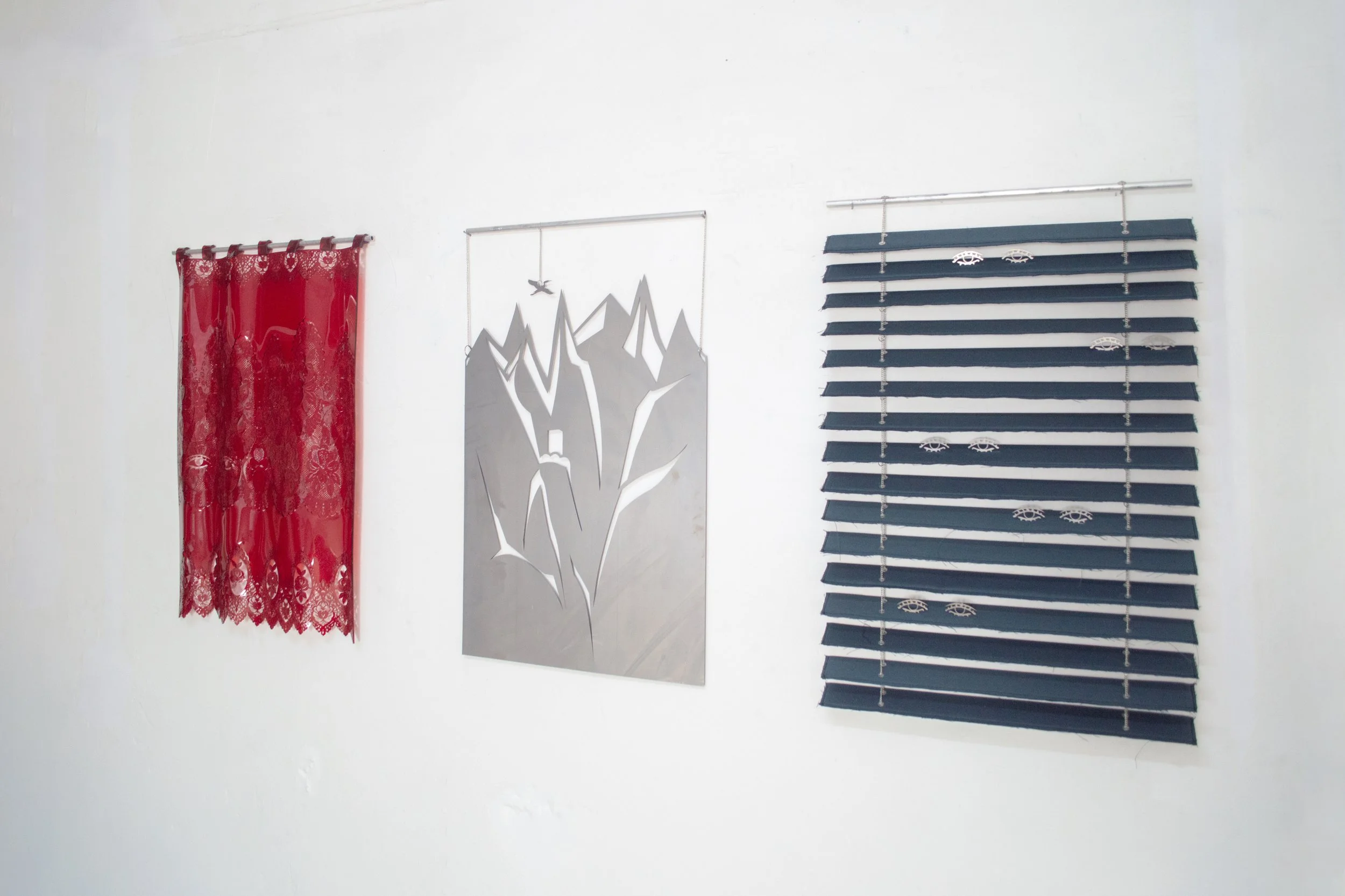 In Sight / Insight, 2026, is an ongoing series exploring the politics of visibility through motifs of curtains, shutters, windows, and horizons. Oscillating between architecture and landscape, the works investigate the domestic threshold as a space w
