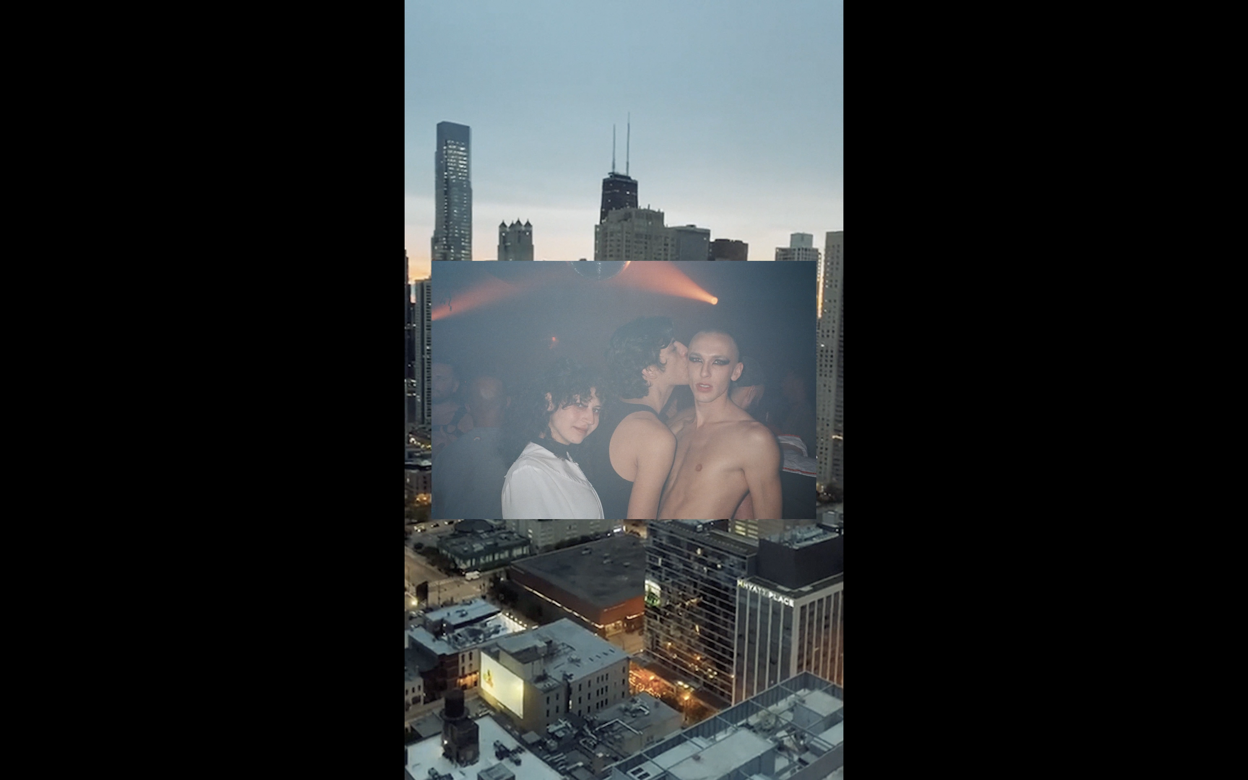 art video by swiss artist SEVERIN HALLAUER - consistingA city skyline at dusk with high-rise buildings and a sunset sky, overlaid with a photo of three diverse women at a social event, one wearing makeup and the others with curly hair and short hair.
