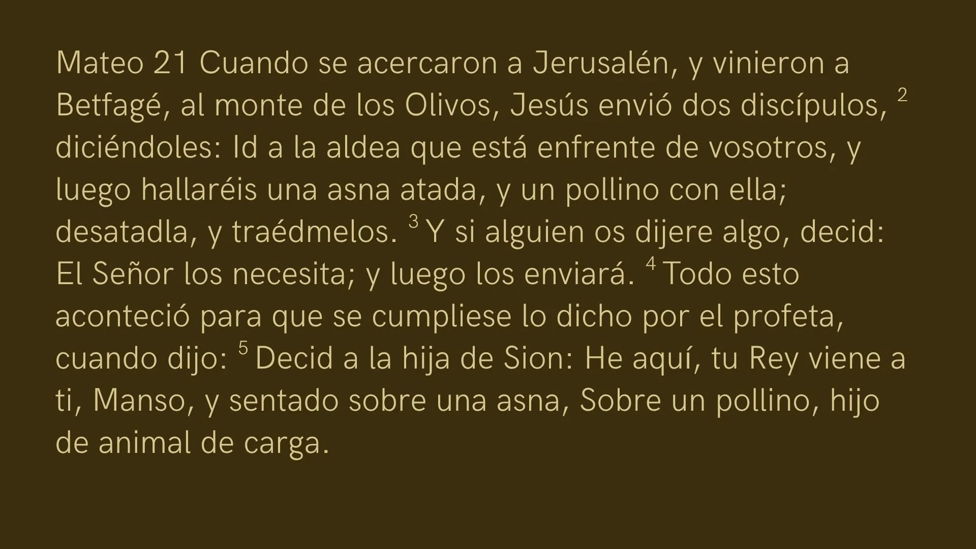 Scripture passage from the Book of Matthew, chapter 21, in Spanish, with a brown background and beige font.
