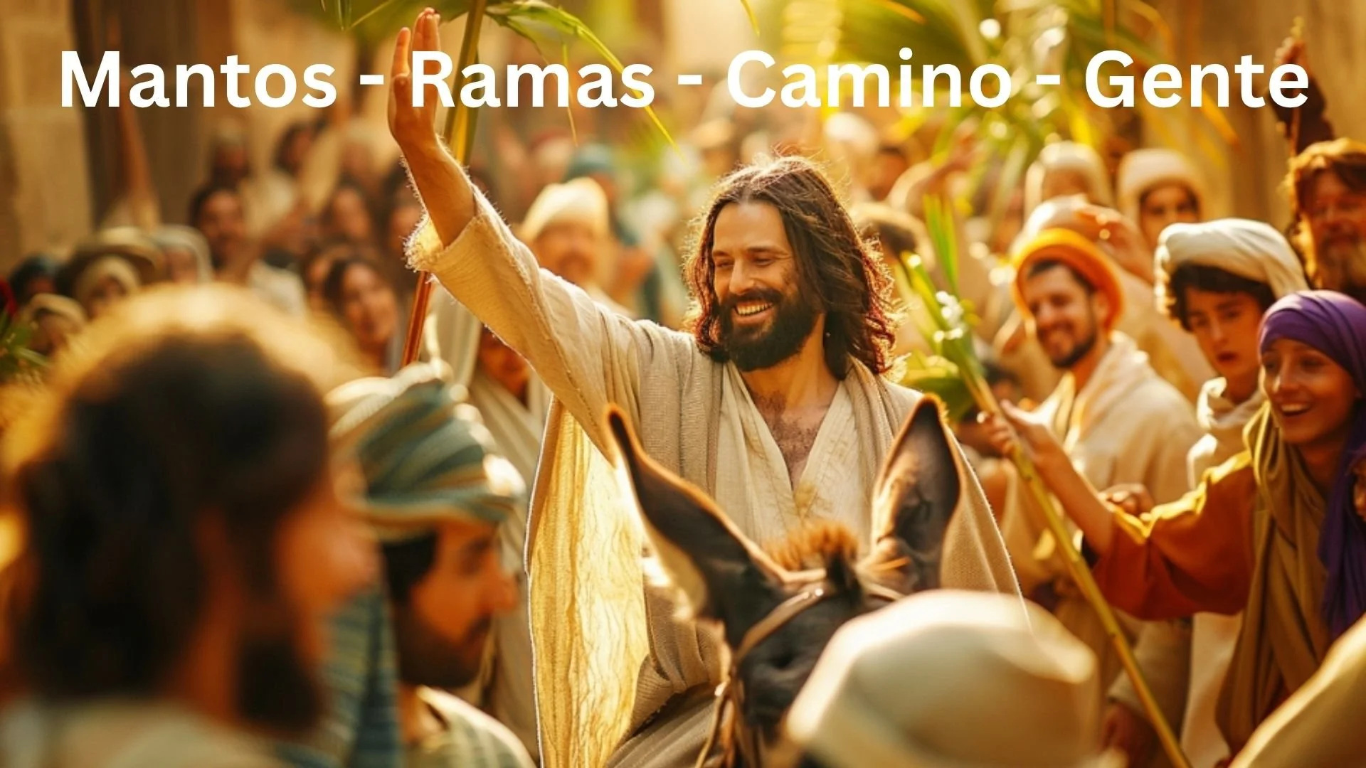 A joyful man dressed as Jesus riding a donkey in a crowd during a celebration, with people waving branches and smiling.