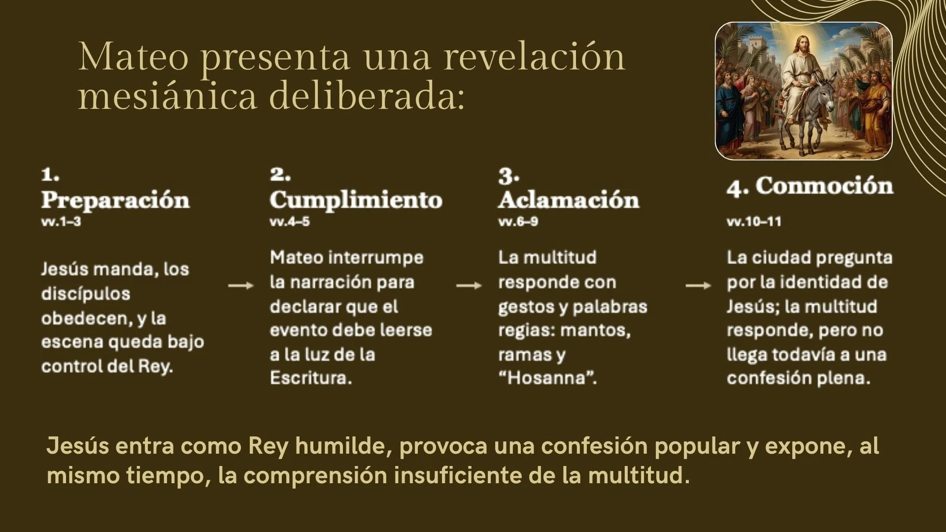 Presentation slide titled "Mateo presenta una revelación mesiánica deliberada" in Spanish with four sections: 1. Preparación, 2. Cumplimiento, 3. Aclamación, 4. Conmoción, with corresponding detailed descriptions. A religious painting of Jesus on a d