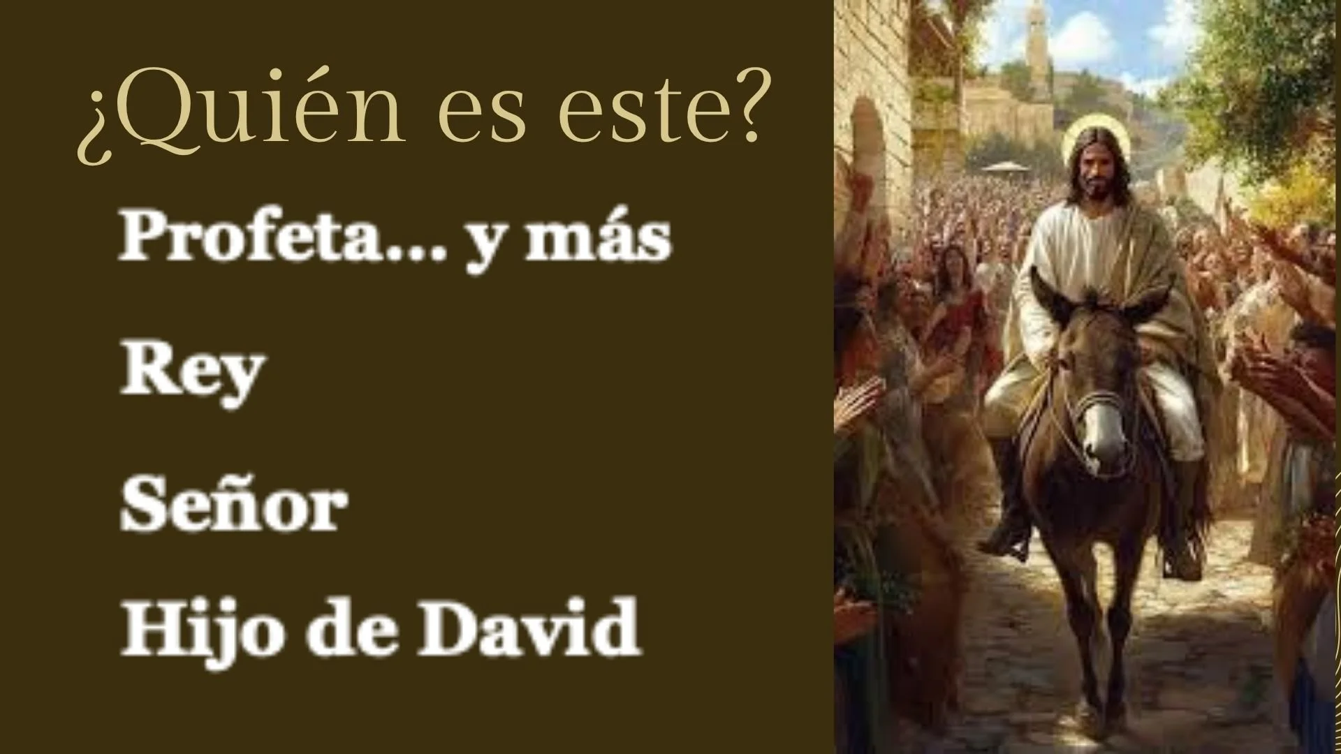 Christian depiction of Jesus Christ riding a donkey surrounded by people in a biblical scene.