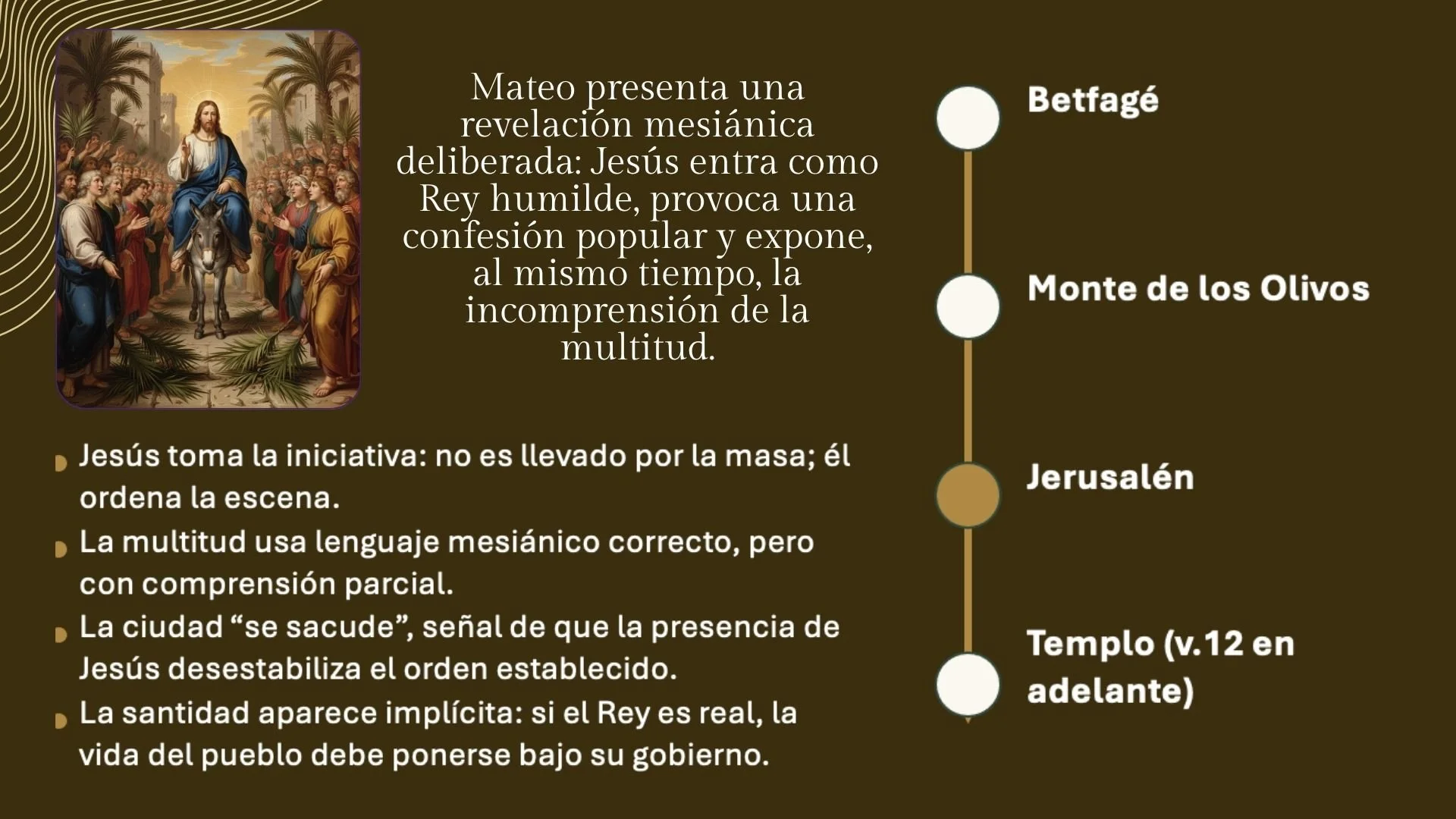 Religious infographic depicting Jesus entering Jerusalem on a donkey, with palm branches laid on the ground and a crowd surrounding Him, illustrating His triumphant entry as a humble king.