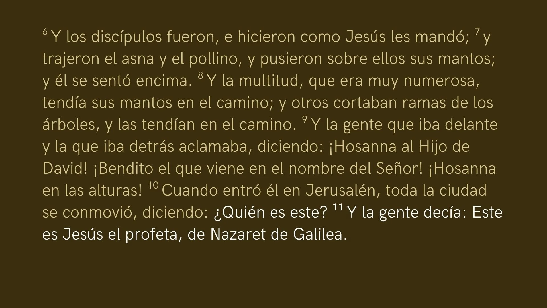 Bible verse excerpt in Spanish on a brown background, discussing Jesus' entry into Jerusalem and the crowd's acclamations.