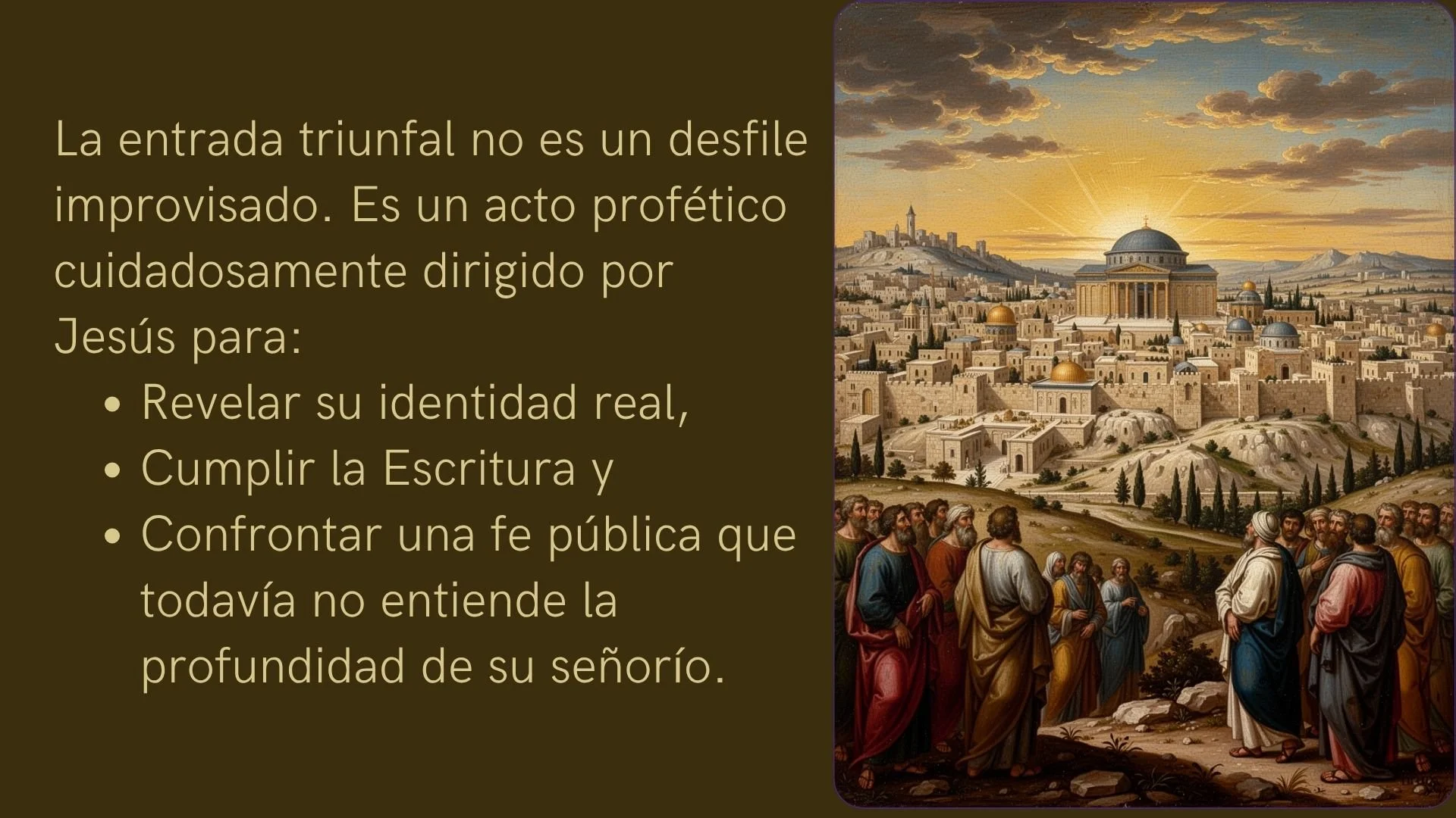 A Christian painting depicting Jesus Christ preaching to a crowd near Jerusalem with the city in the background at sunrise. The scene shows Jesus surrounded by followers and onlookers.