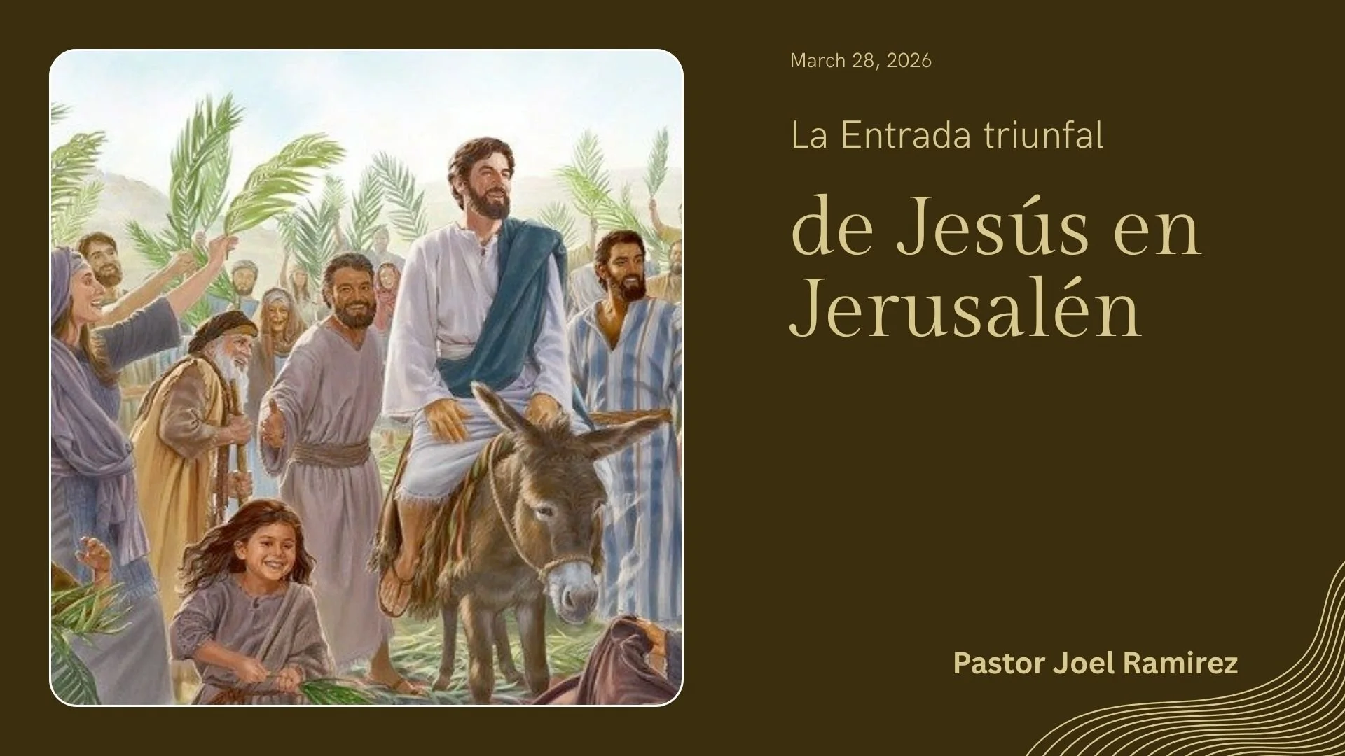 Illustration of Jesus riding a donkey into Jerusalem, surrounded by smiling people holding palm branches.