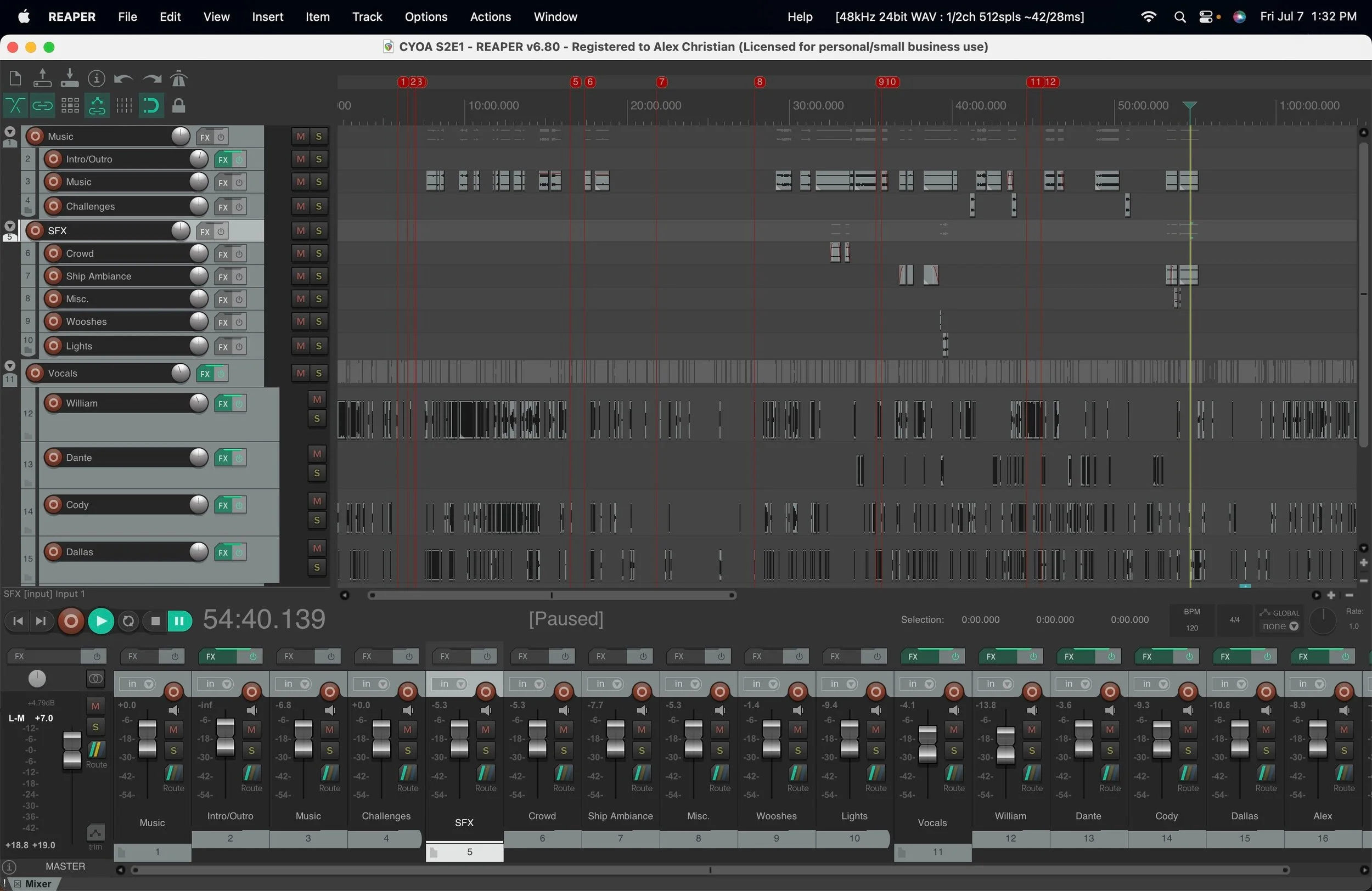 Screenshot of a music production software interface showing multiple tracks and audio controls, including a timeline with red markers, various track labels such as 'Music', 'Vocals', and 'Dante', and a pedalboard with sliders and switches at the bottom.