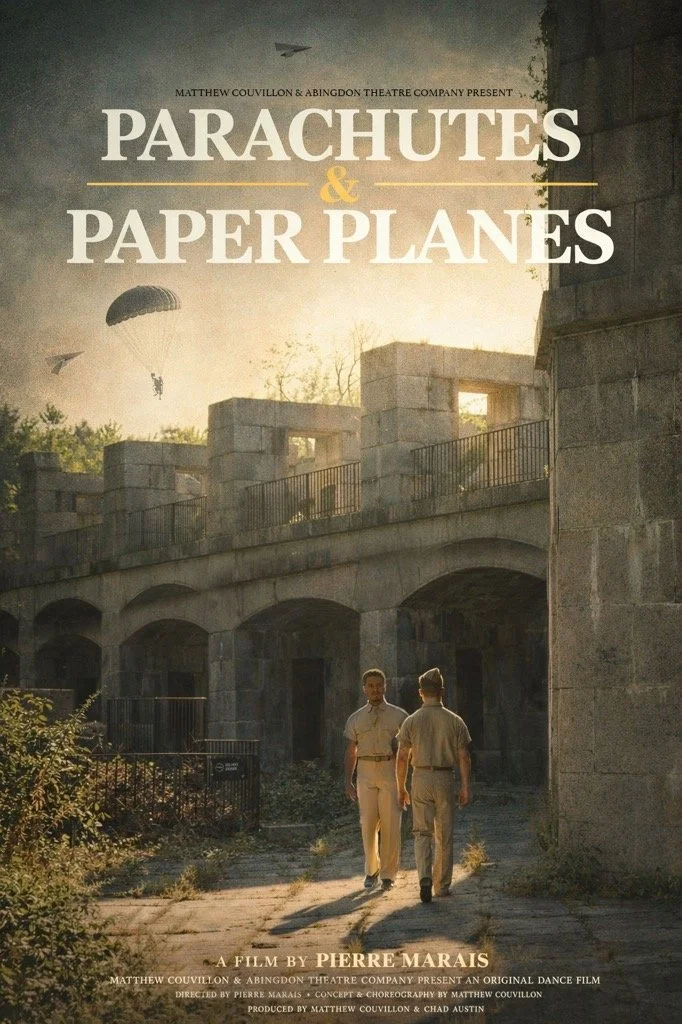 Parachutes & Paper Planes Poster showing two men in WWII era with cement archways in the background